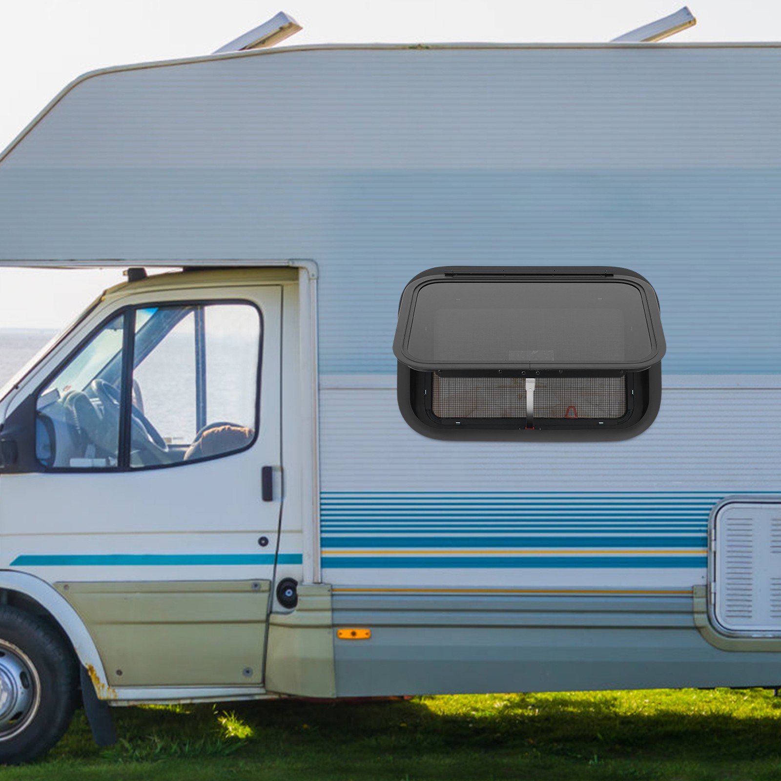22″ x 15″ RV Exit Window Camper Push Out Emergency Window w/ Trim & Screen Black