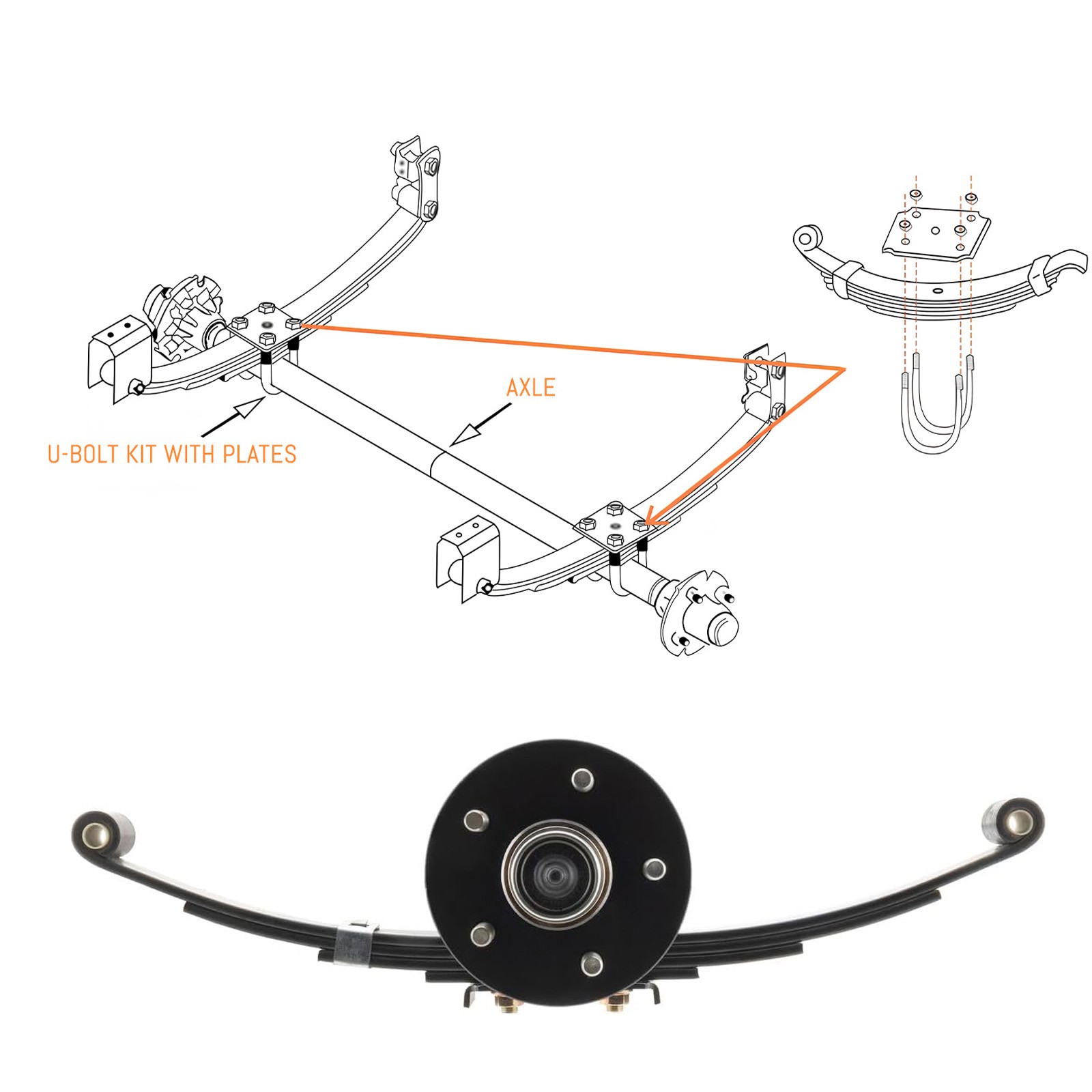 3500lb Single Trailer Drop Axle Kit Idler W/ Hub, Leaf Springs, Hanger, U-Bolt