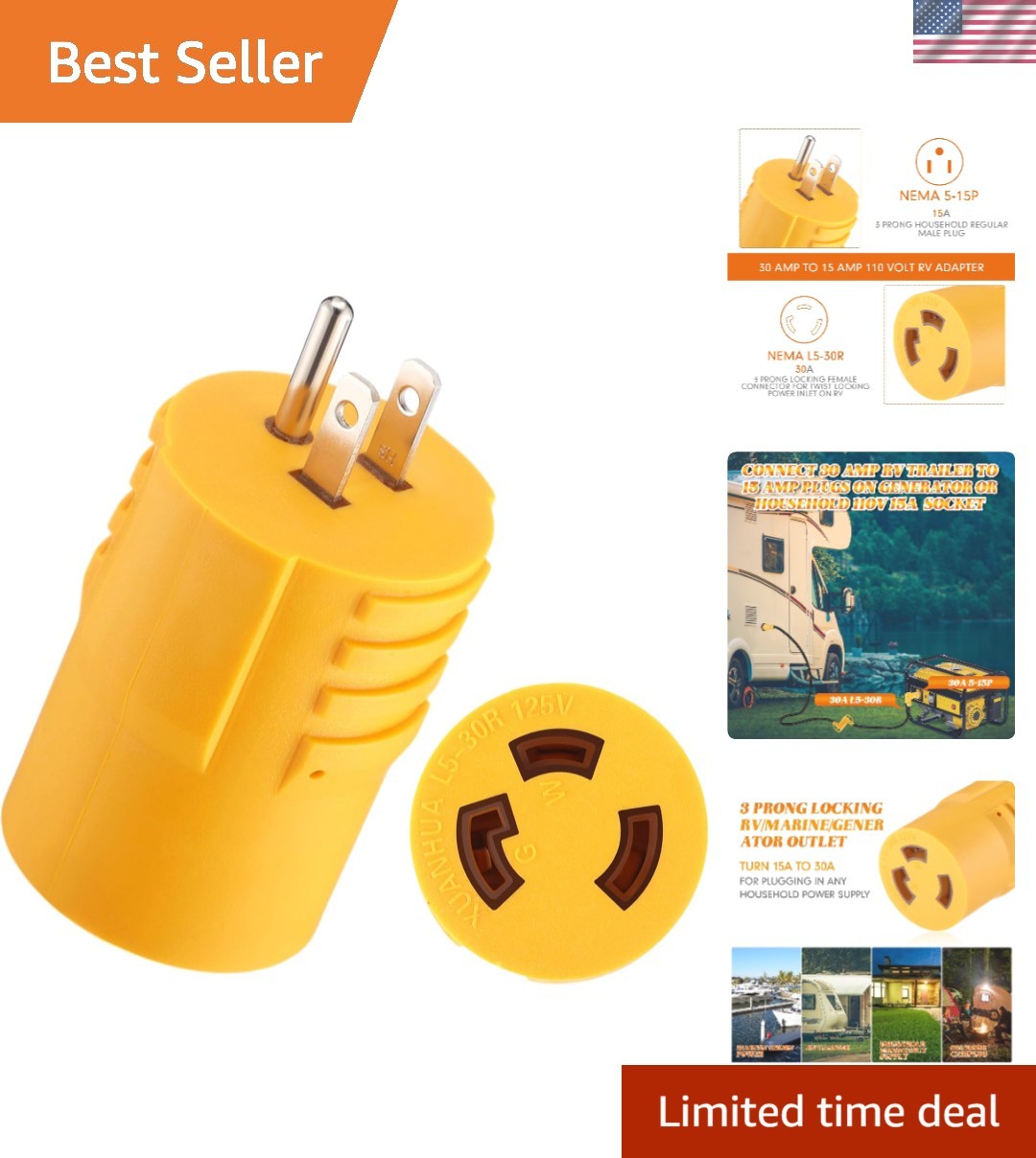 Versatile 3-Prong RV Power Adapter – 15A to 30A Locking Connector for Safety