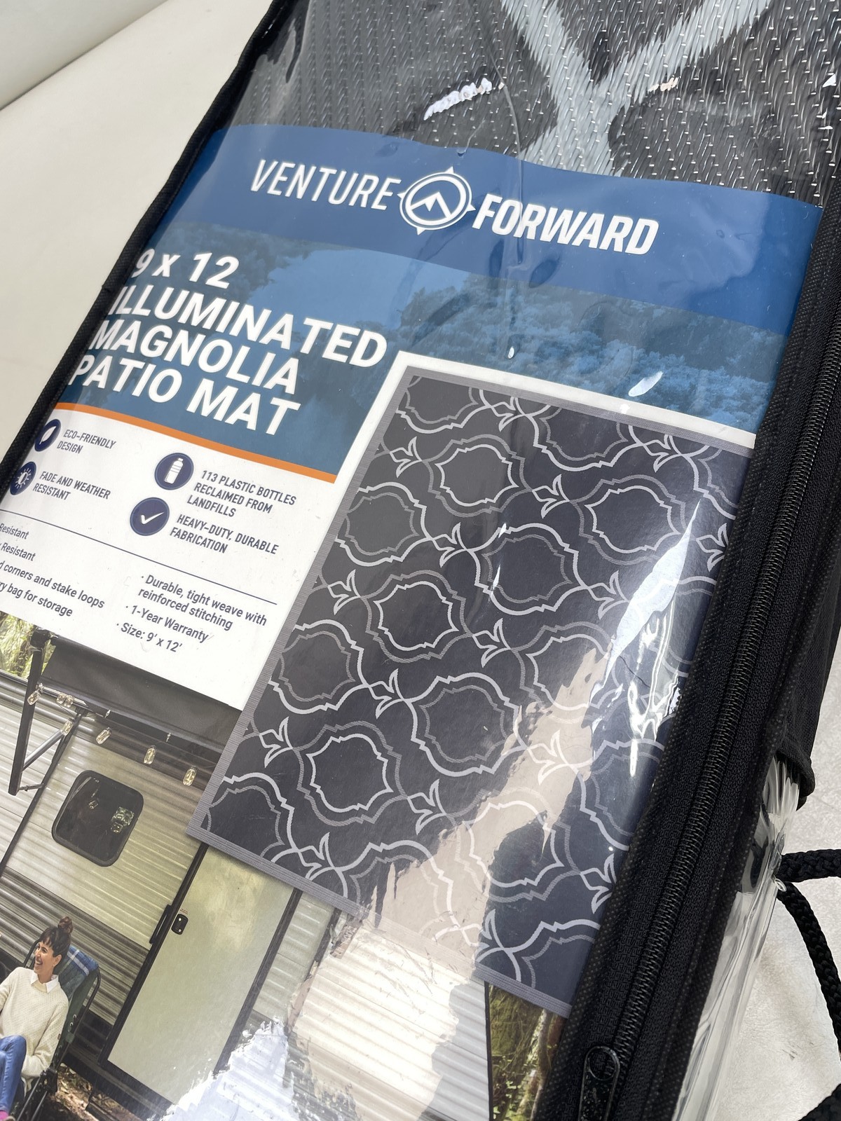 VENTURE FORWARD LED ILLUMINATED RV PATIO MAT W/CARRY BAG MAGNOLIA BLACK 9 X 12