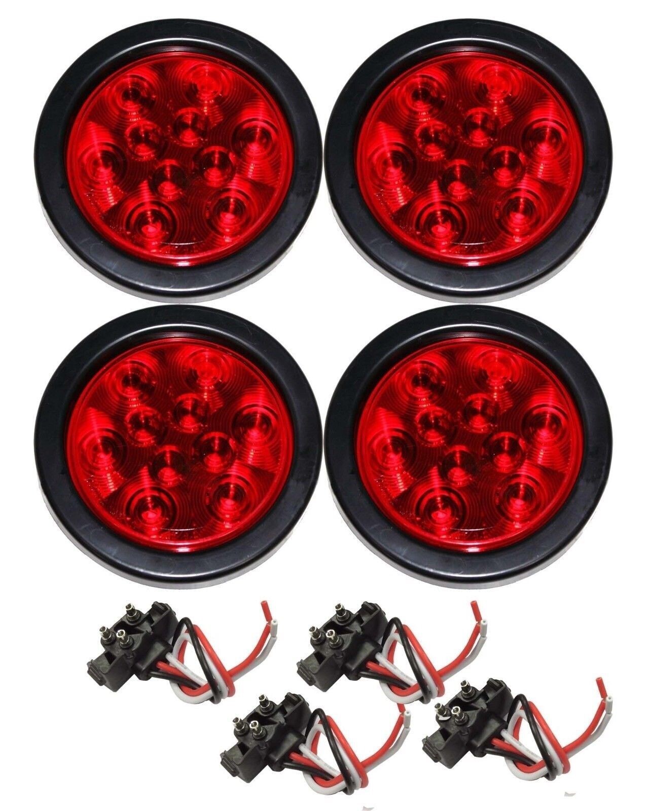 (4) Red 10 LED 4″ Round Truck Trailer Brake Stop Turn Tail Lights – 24003