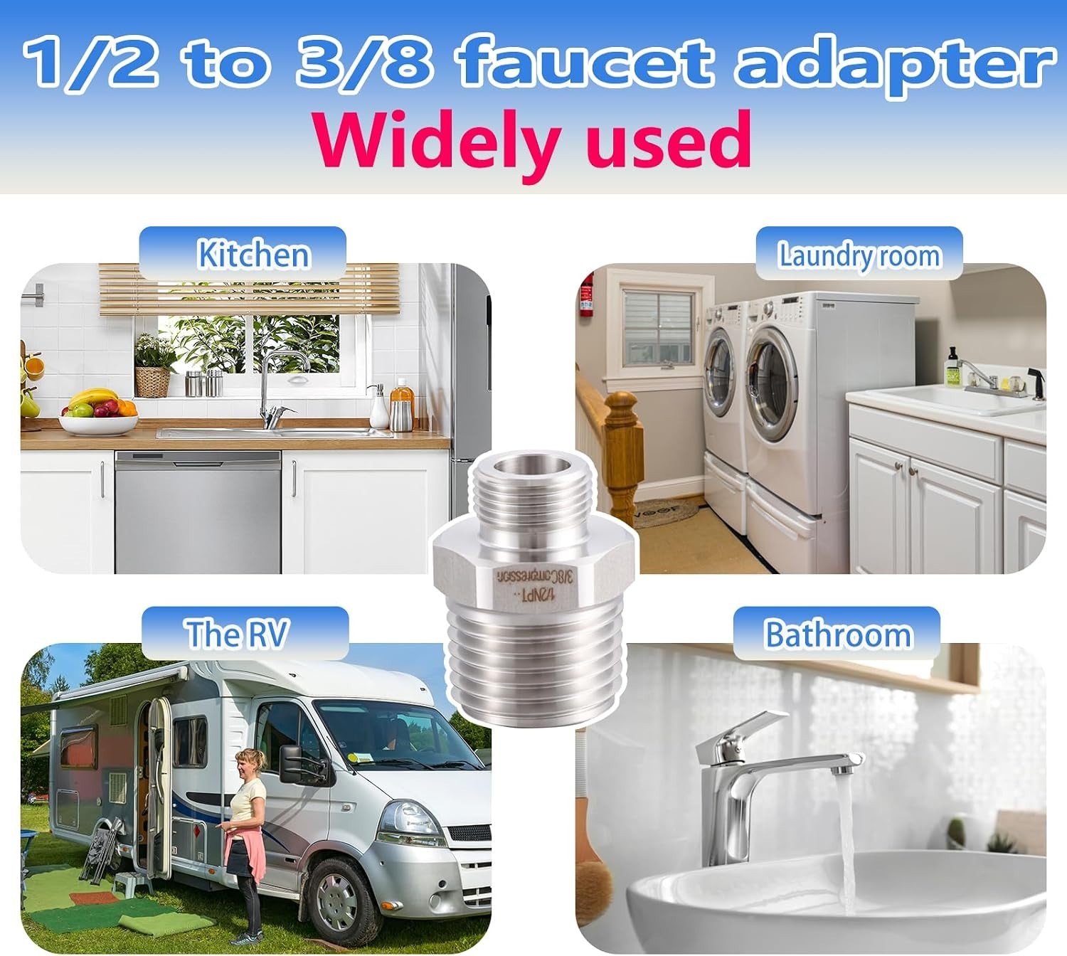 Lead-Free 304 RV Faucet Adapter Set – 1/2″ to 3/8″ Reducer (Set of 2)