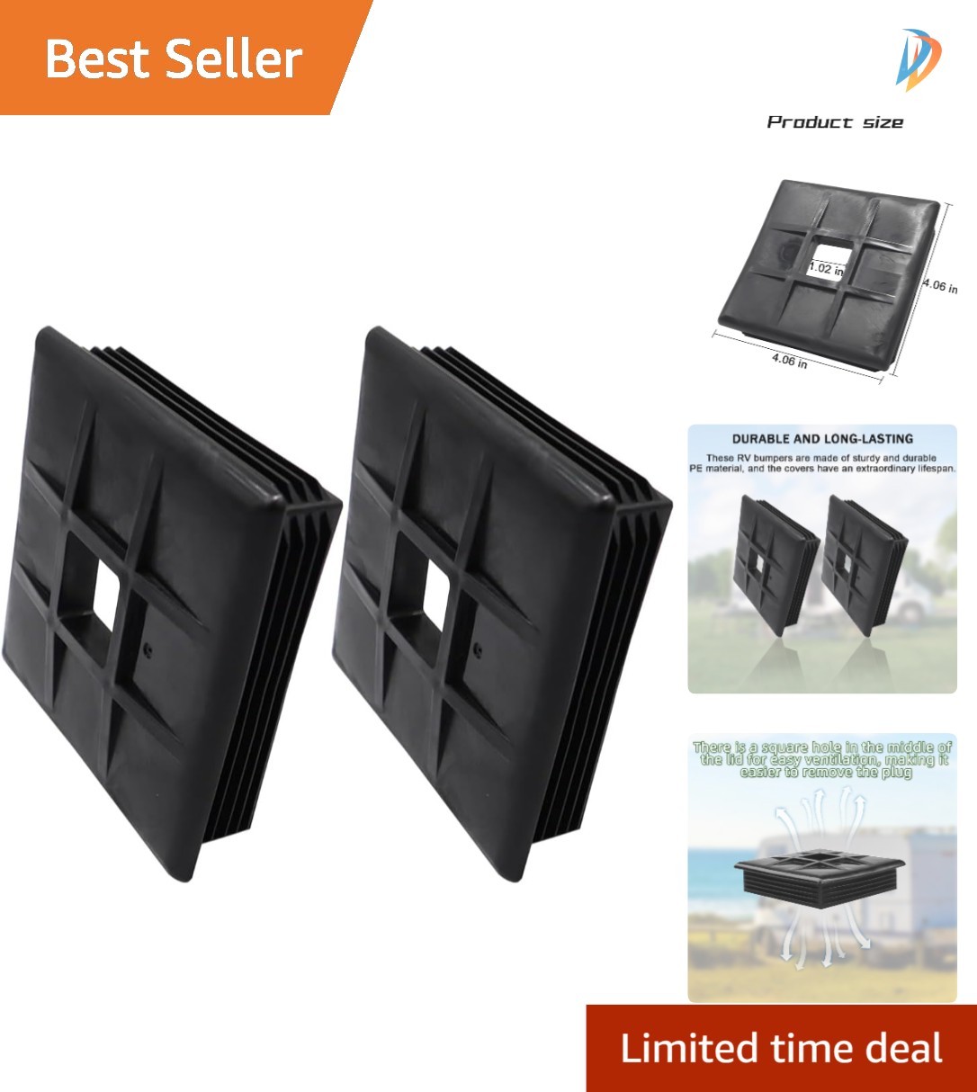 Universal 4-Inch Square Bumper Caps – Easy Installation RV Accessories, 2 Pack