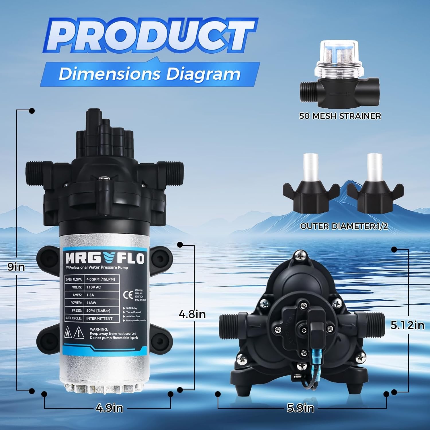 Industrial Grade 110V AC Diaphragm Water Pressure Pump, 4.0 GPM Flow & 50 PSI