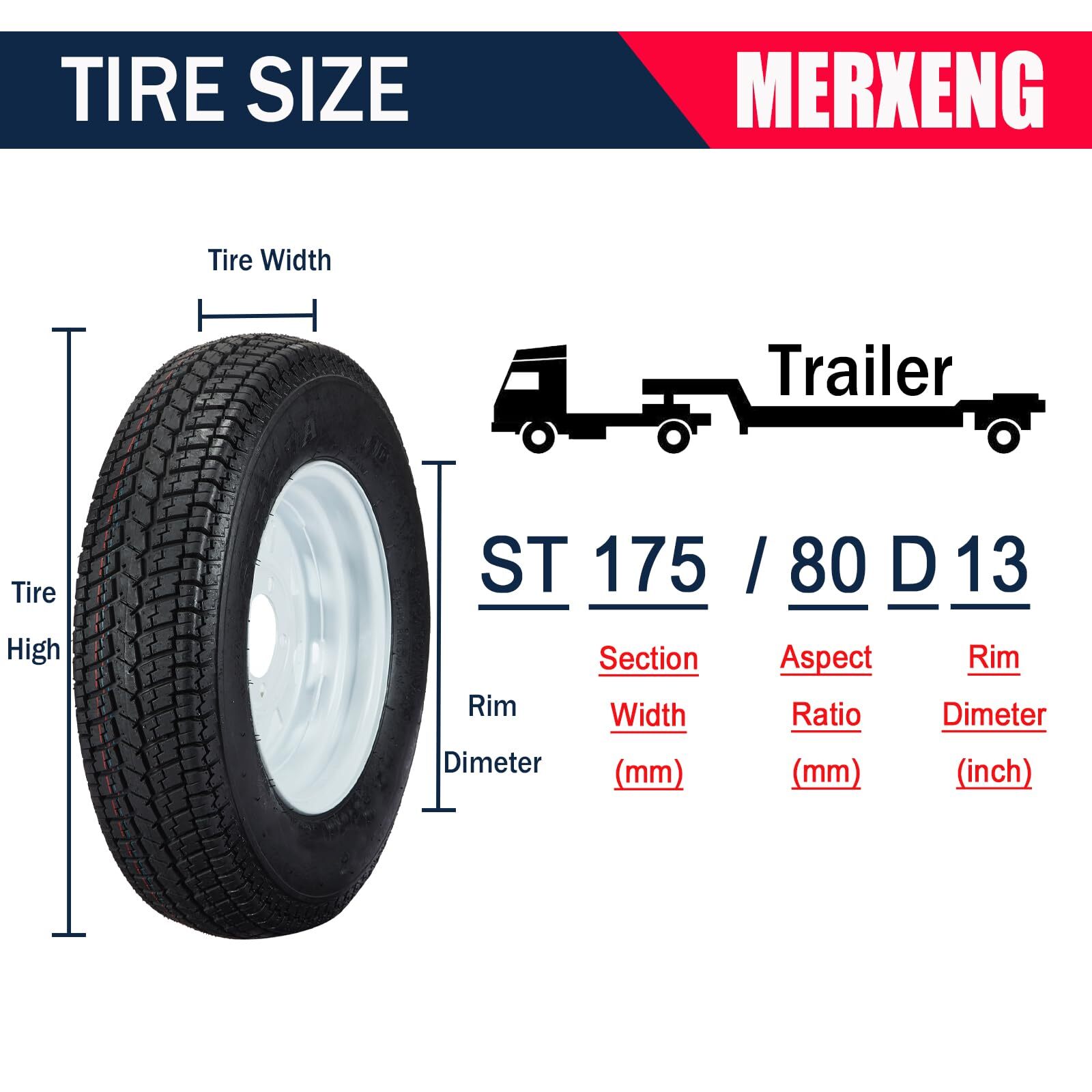 2 Pack ST175/80D13 Trailer Tire with 13″Rims, 175 80D13, 5 Lug 6PR, Load Range C