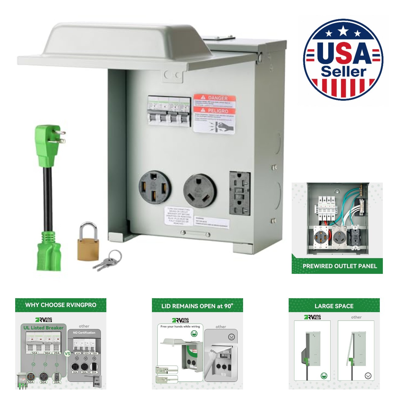 RV Temporary Power Outlet Panel 20 30 50 Amp ETL Listed Outdoor Breaker Box