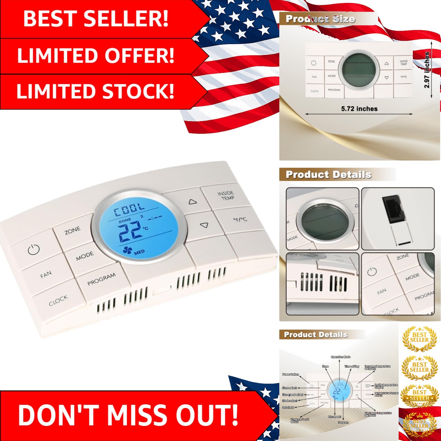 Digital LCD RV Thermostat – 10-Button Control for Dometic Models 579, 595, 600