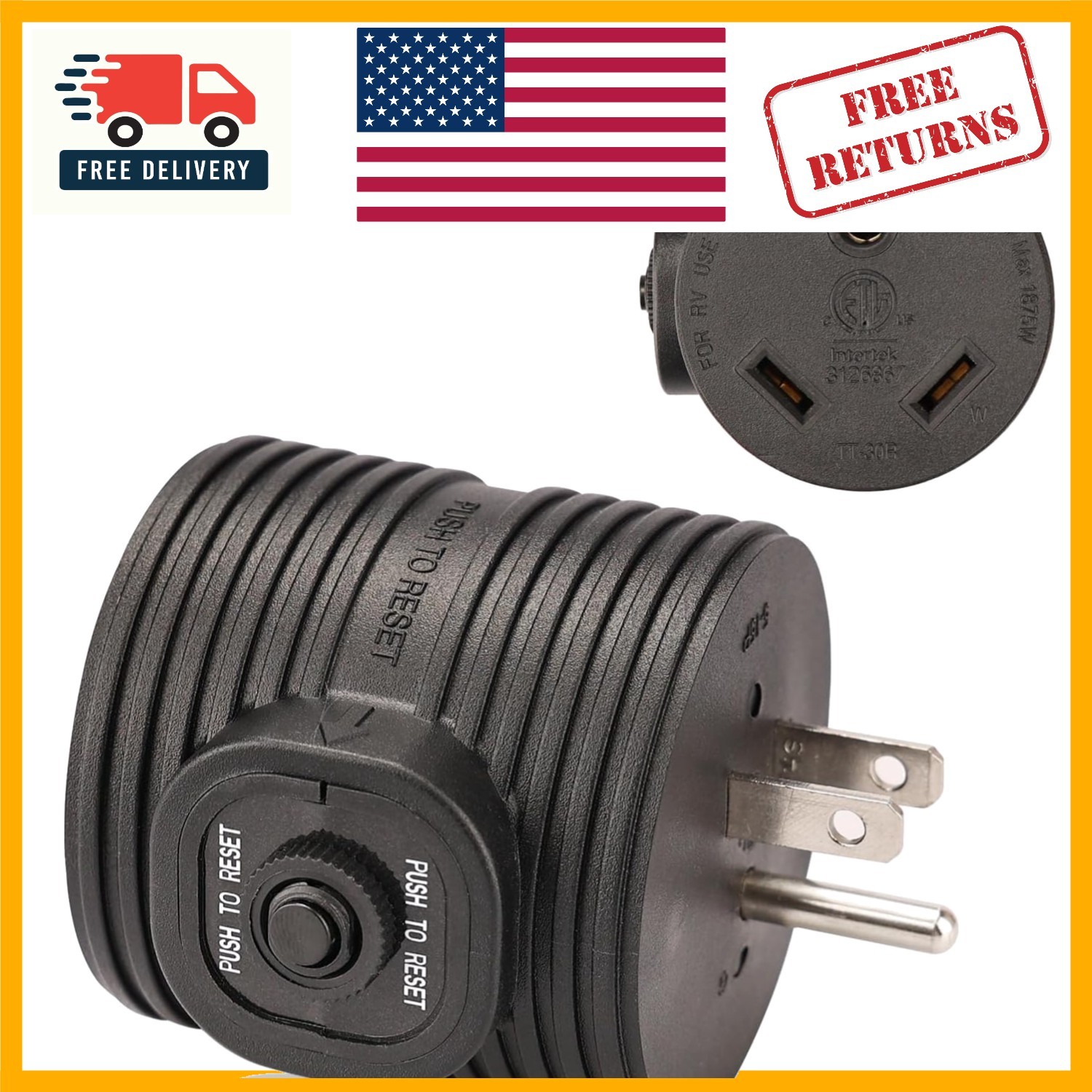 NEMA 5-15P to TT-30R RV Adapter Plug – 30A to 110V with Overload Protection