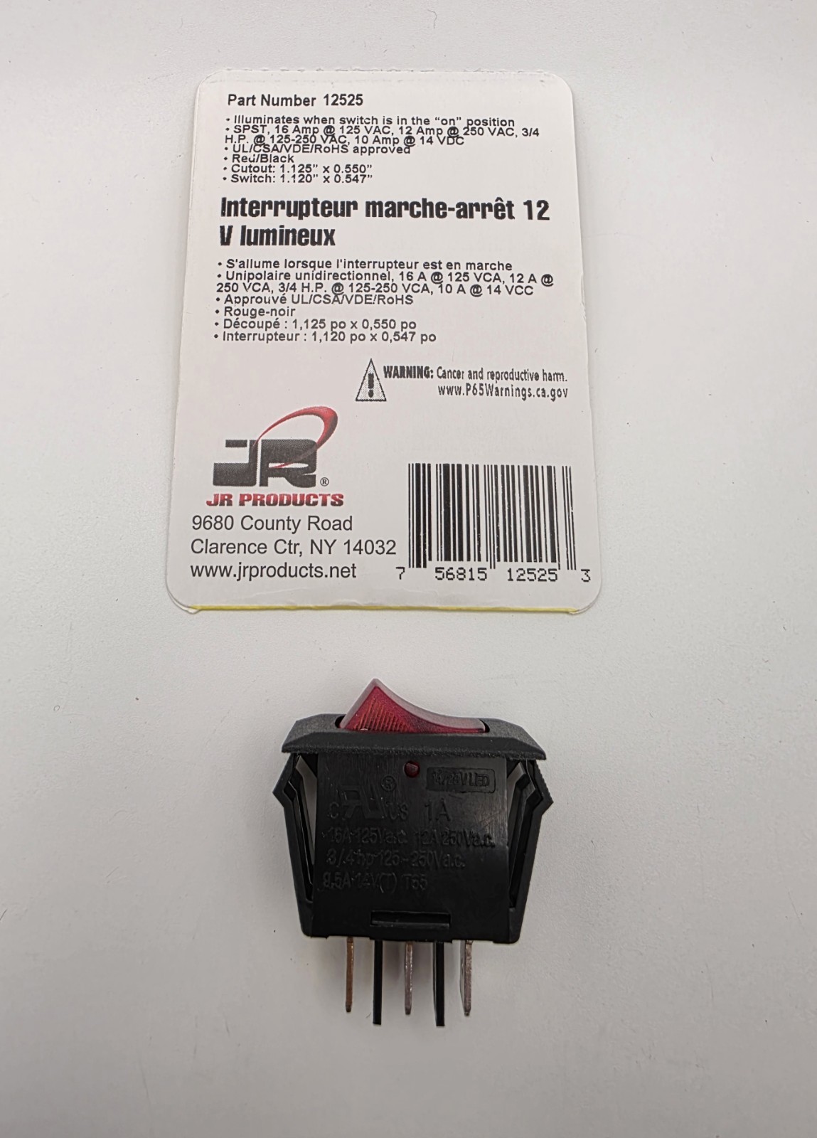 12525 Illuminated 12V On/Off Switch Red/Black SPST JR Products