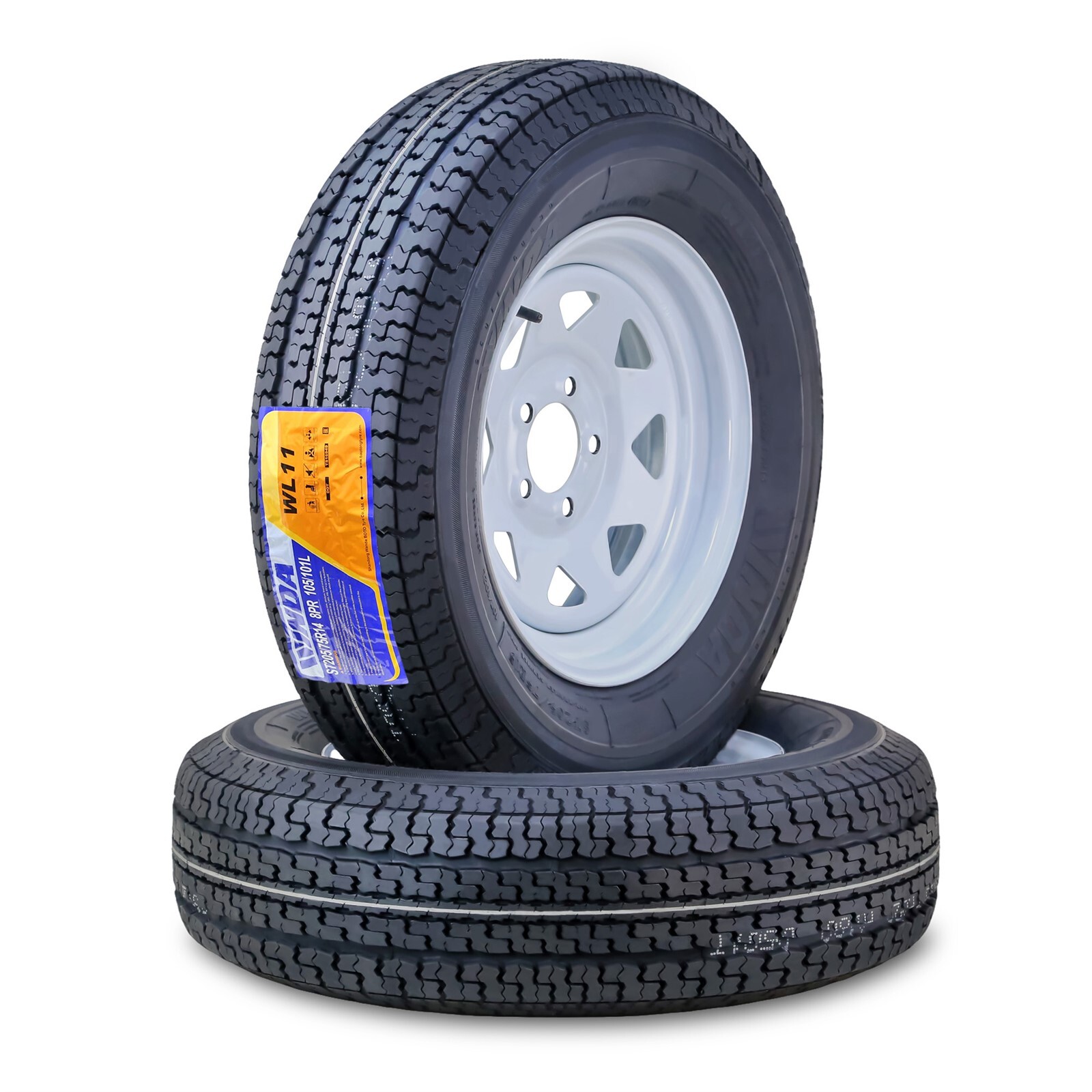 2 WINDA Trailer Tire on Rim ST205/75R14 8-Ply D 105L 5 Lug x 4.5″ White Spoke