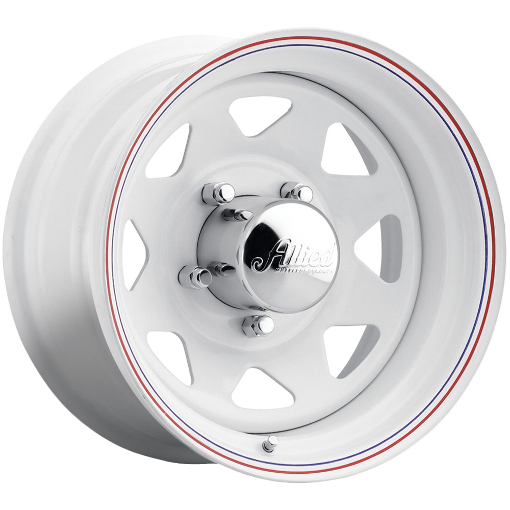 Allied 80W 8 Spoke Trailer 15×7 5×5″ -6mm White w/cap Wheel Rim 15″ Inch