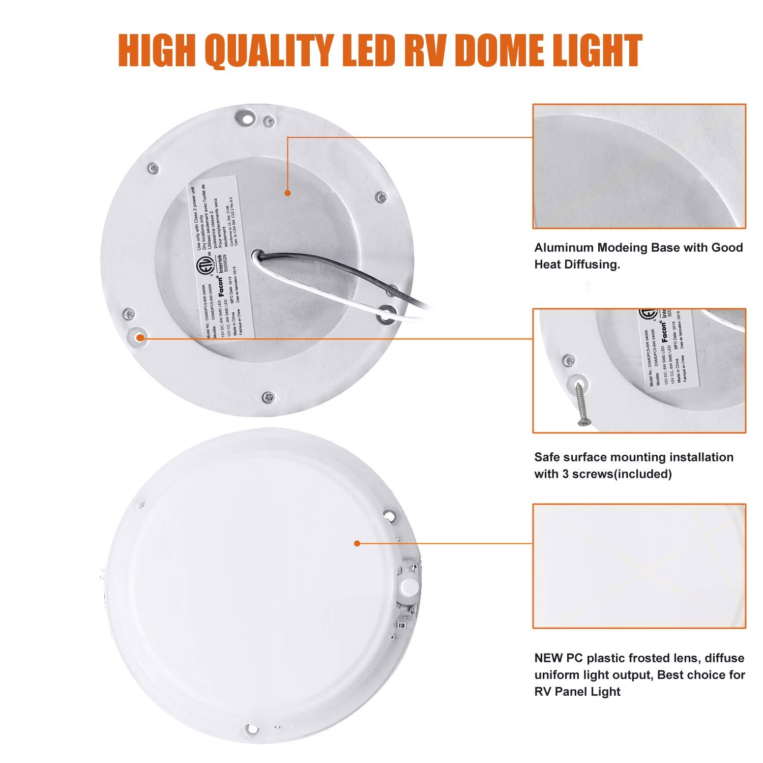 3 PCS 5 Inch LED RV Interior Dome Light 12V Surface Mount Puck Switch 4000K