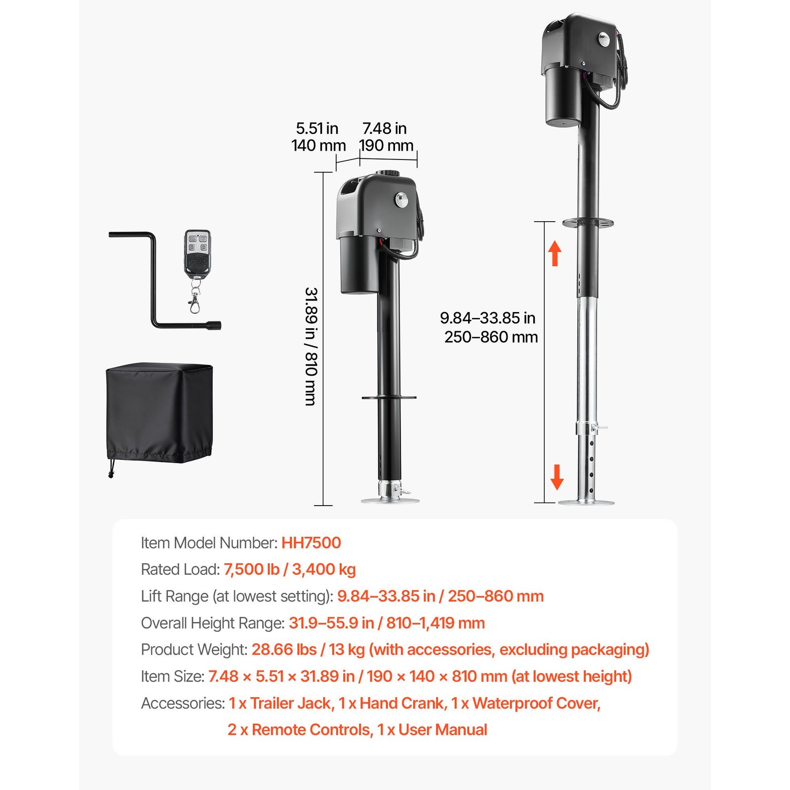 Electric Tongue Jack, 7500lb, 9.84-27.84in, 90° Rotating Base, Waterproof & LED