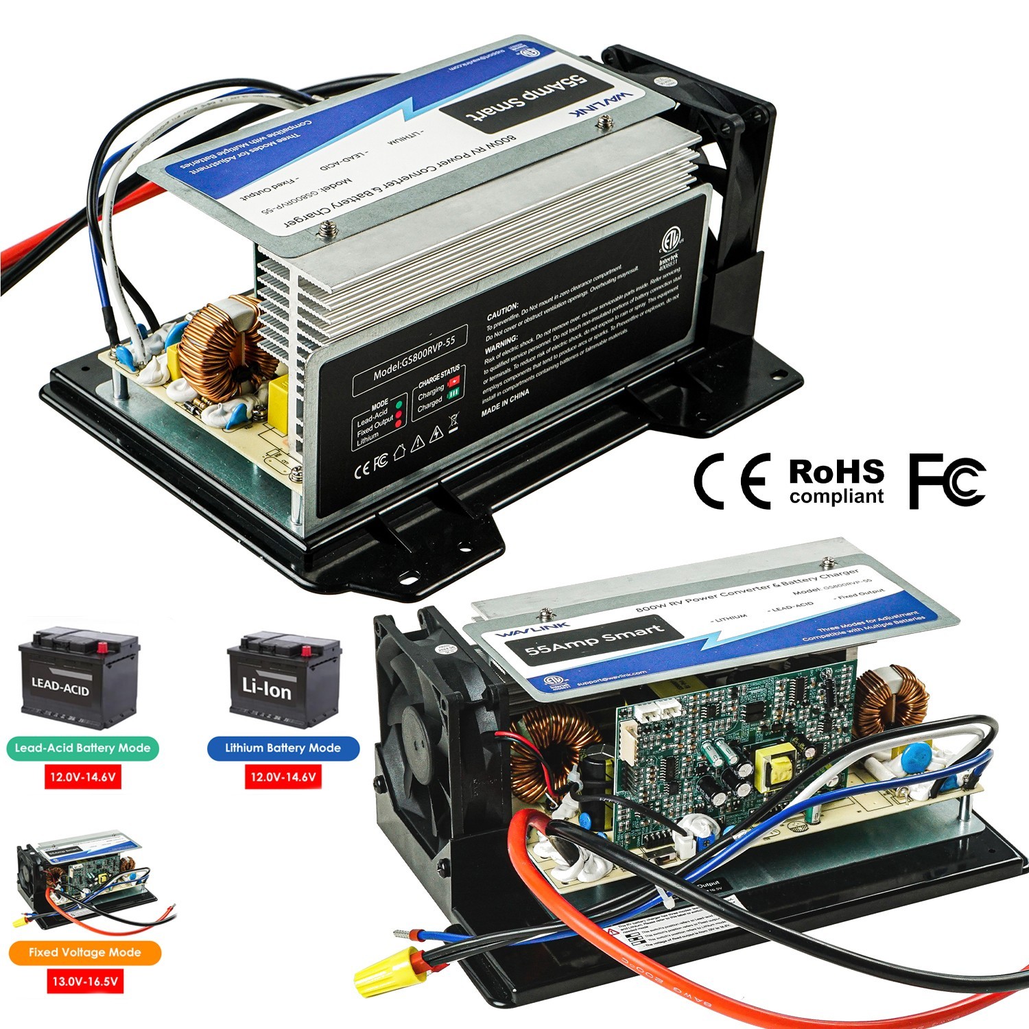 Wavlink RV Power Converte RV Battery Charger 120V AC to 12V DC 13V-16.5V 55Amp