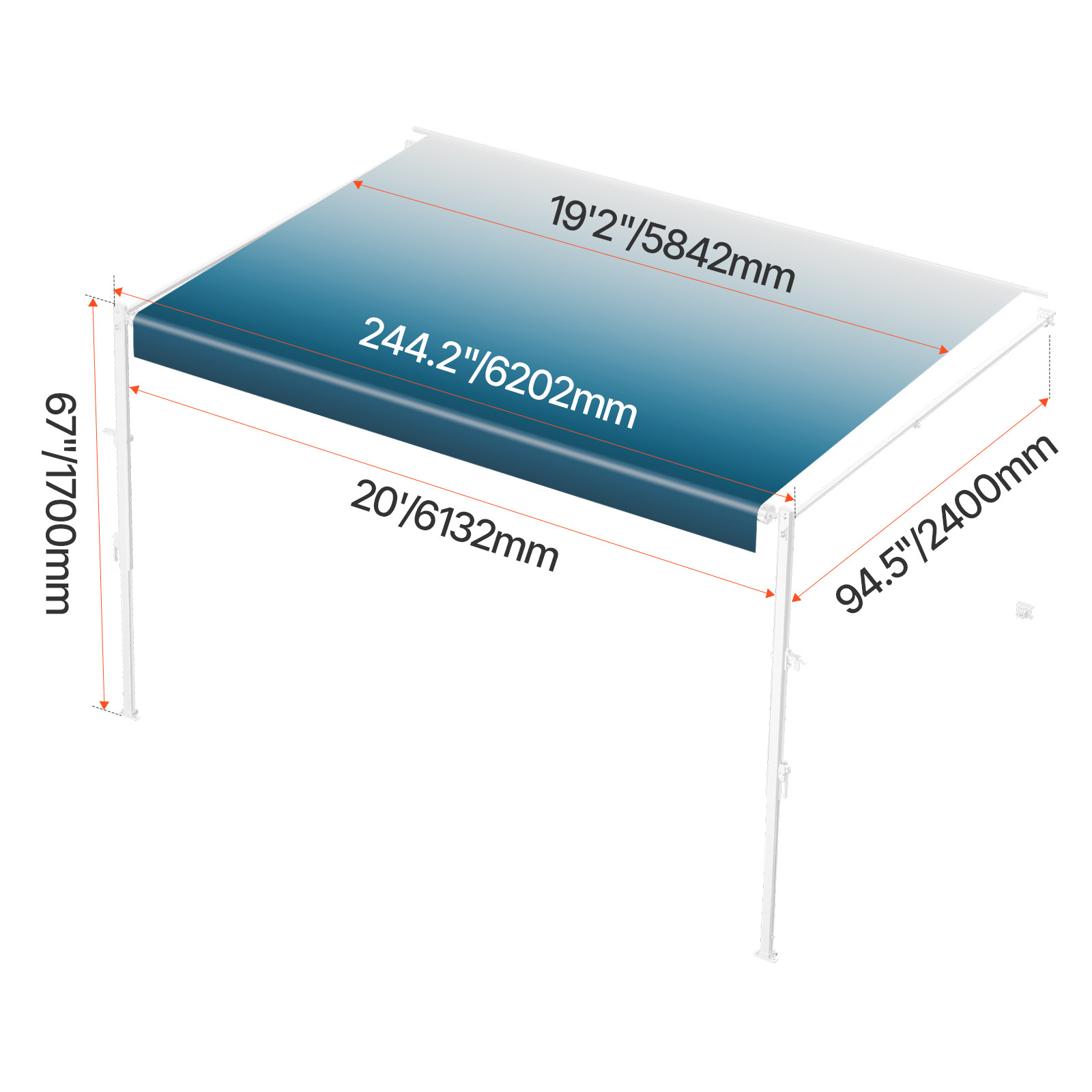 20′ Retractable RV Awning Manual Trailer 18oz Awning for Most DC12V 4-ply PVC RV