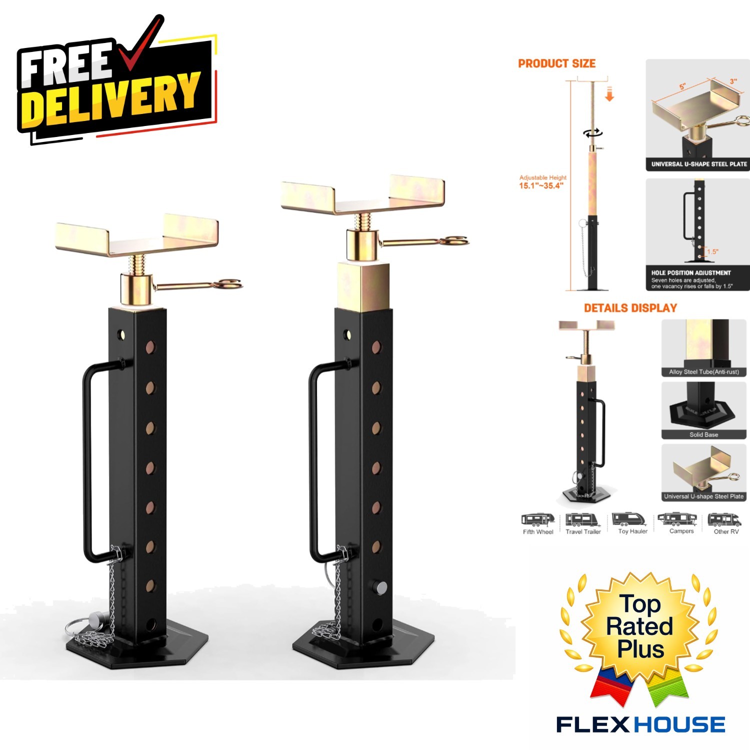 Heavy-Duty 2 Pcs RV Slide Out Stabilizer Jacks, 15”-35” Height Adjustability