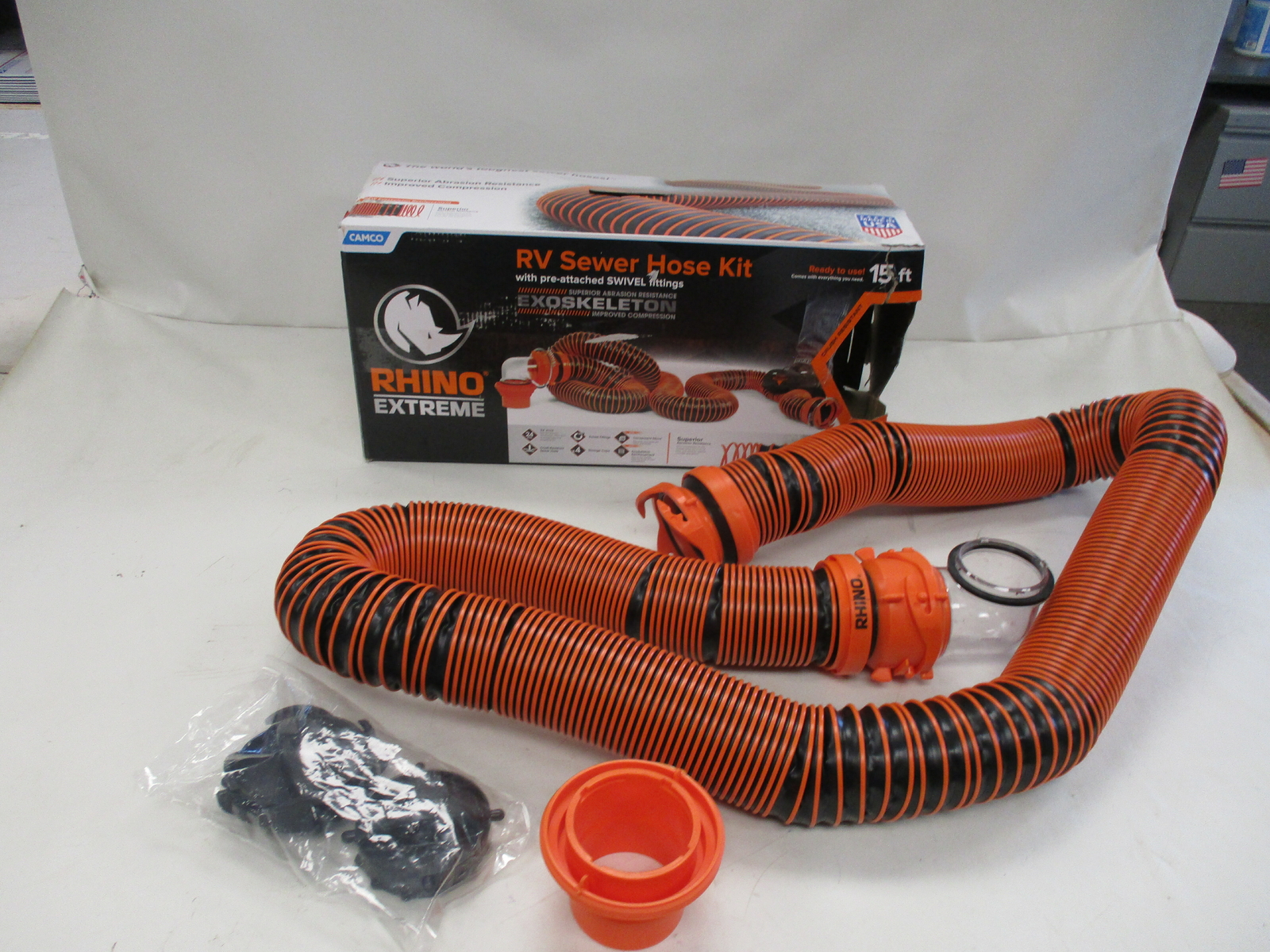 RHINO RV SEWER HOSE KIT 15 FOOT BLACK & ORANGE RV CAMPER