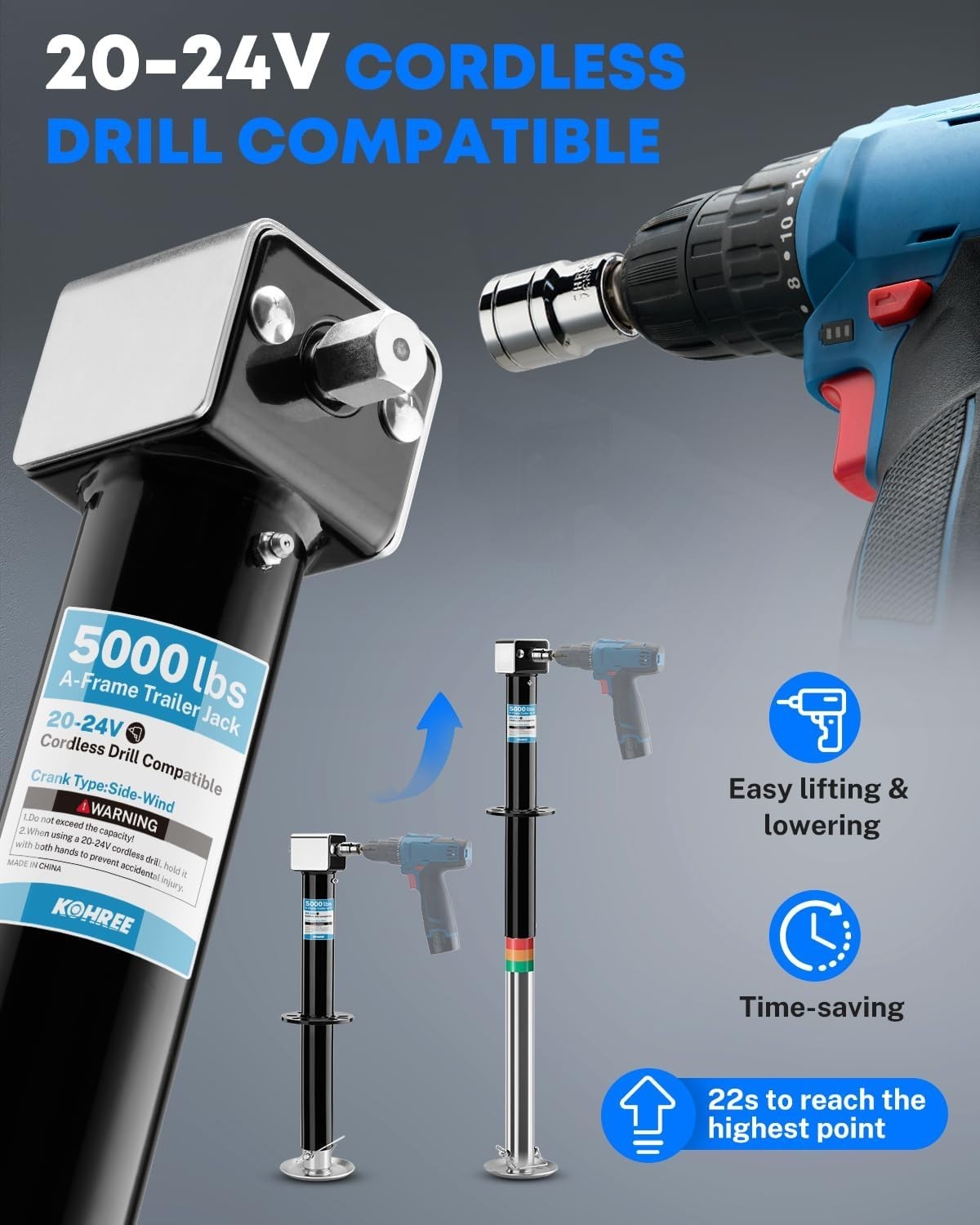 Kohree Upgraded 5000 lbs A-Frame Trailer Jack, 20-24V Cordless Drill Black