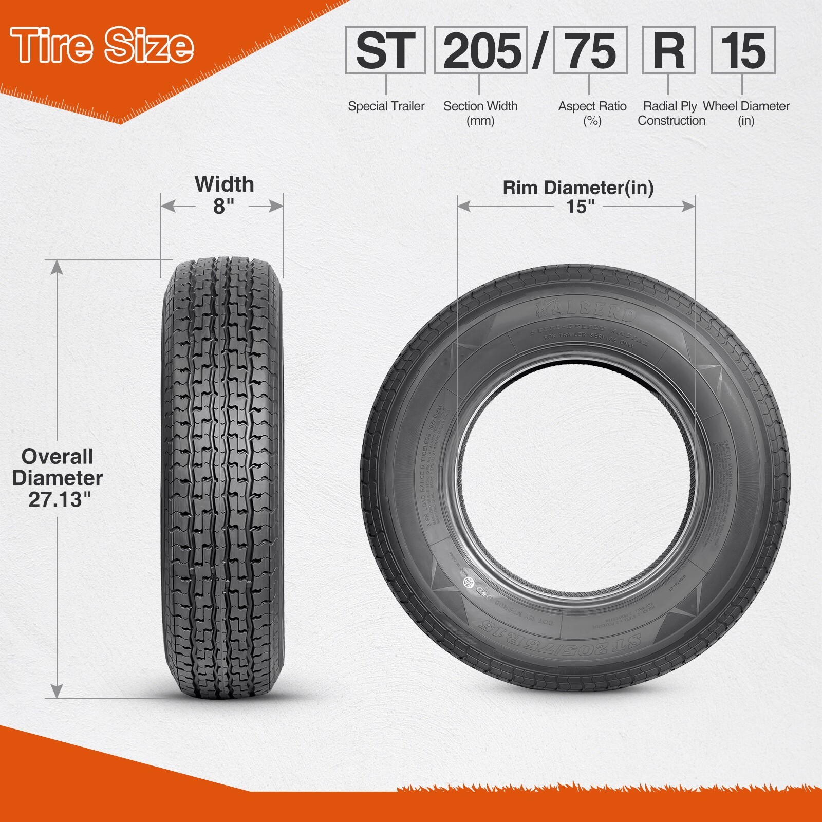 205/75R15 Trailer Tire Radial 8Ply 205/75/15 Load Range D Tubeless Replace Tyre