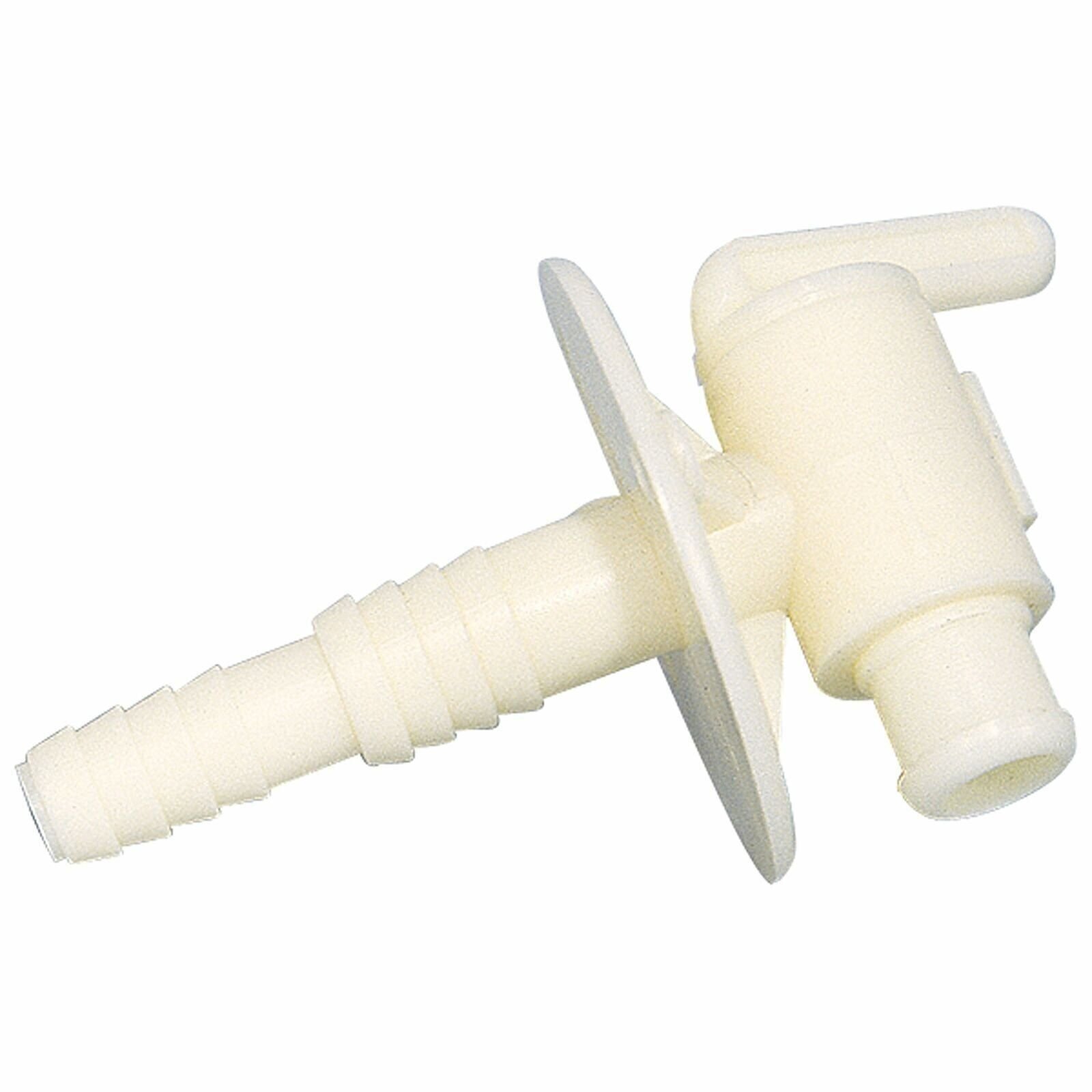 Camco RV Drain Valve Durable Plastic Dual Barb w/Flange 3/8″/1/2″ White 22223