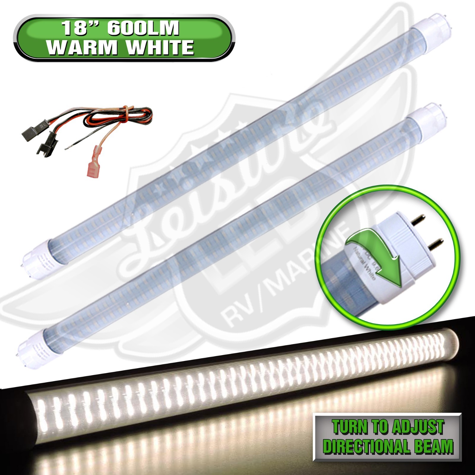 2PC 12V DC RV Marine F15T8 LED Tube Light 9W 18″(17-3/4″ pin to pin) WW 600 lm