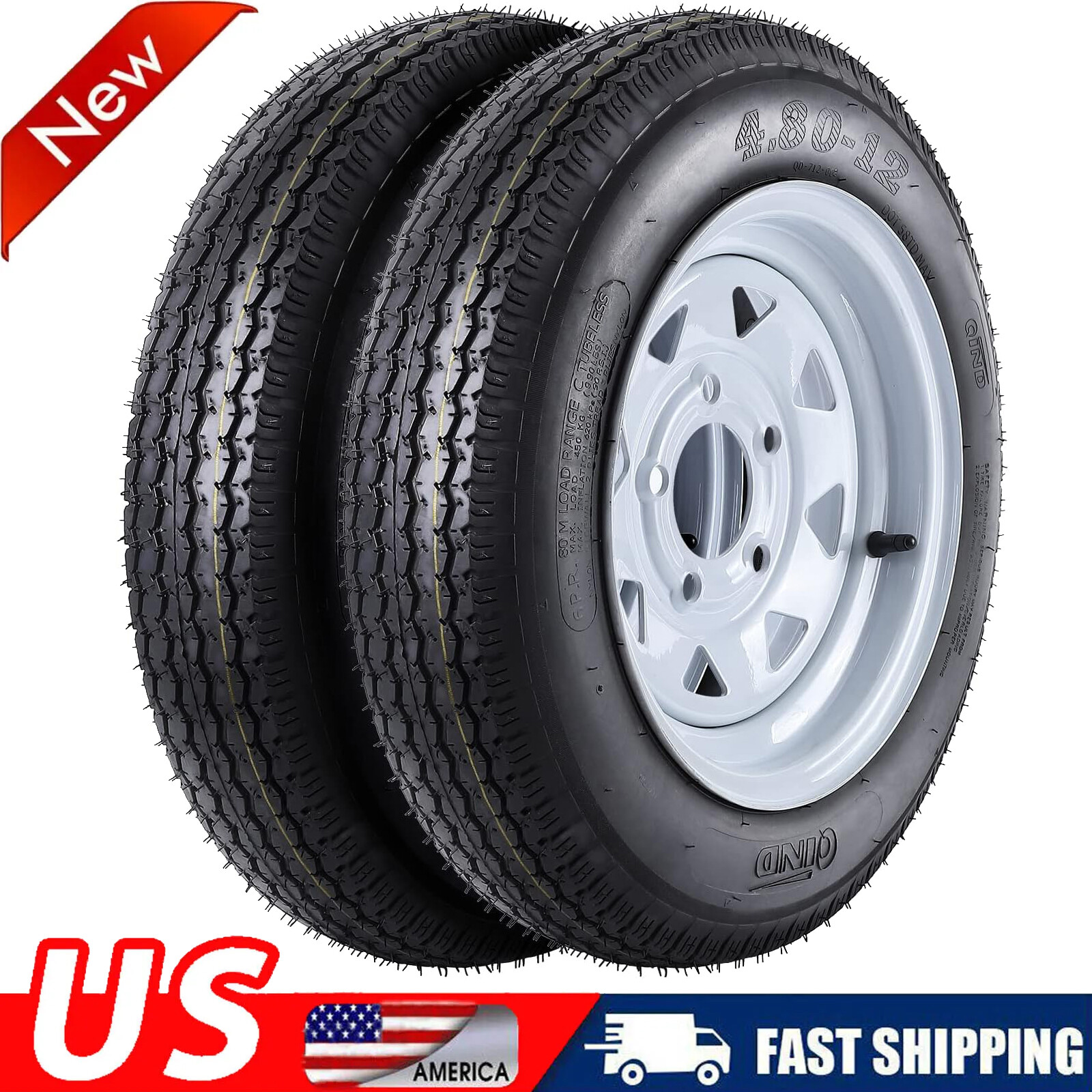 2 pack 4.80-12 Trailer Tires On Rim 480-12 4.80 X 12 5 Lug Load Range C 6PR New