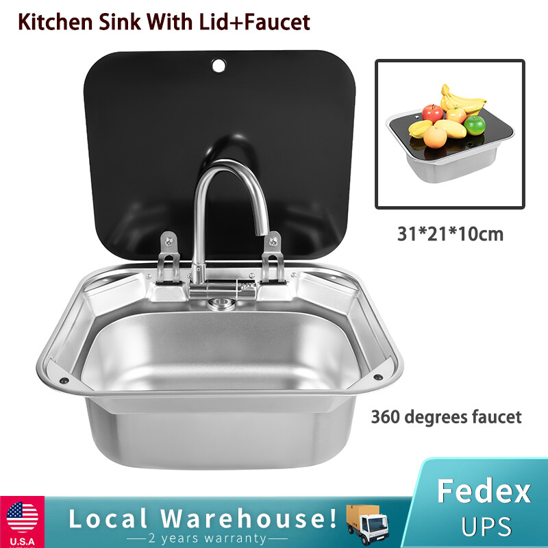 RV Stainless Steel Embedded Sink With Tempered Glass Lid & 360° Faucet