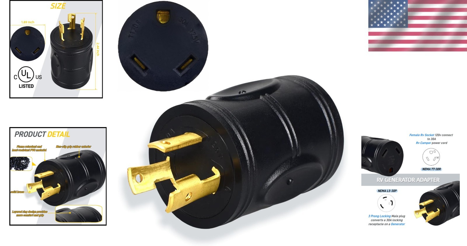 Listed 30 Amp 3 Prong Adapter for Secure Generator and RV Connection