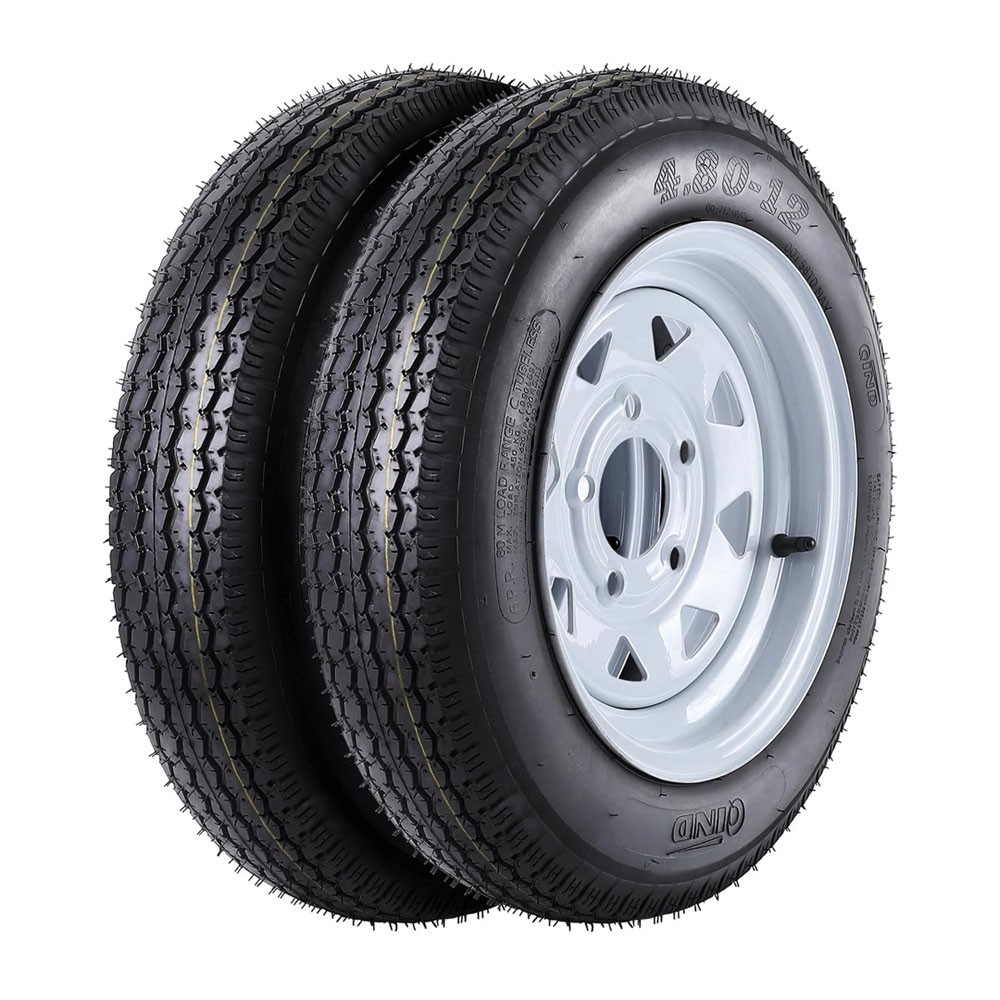 2pcs 4.80-12 4.80×12 4.8-12 Trailer Tires with Rims 5 Lug on 4.5″ White Wheels