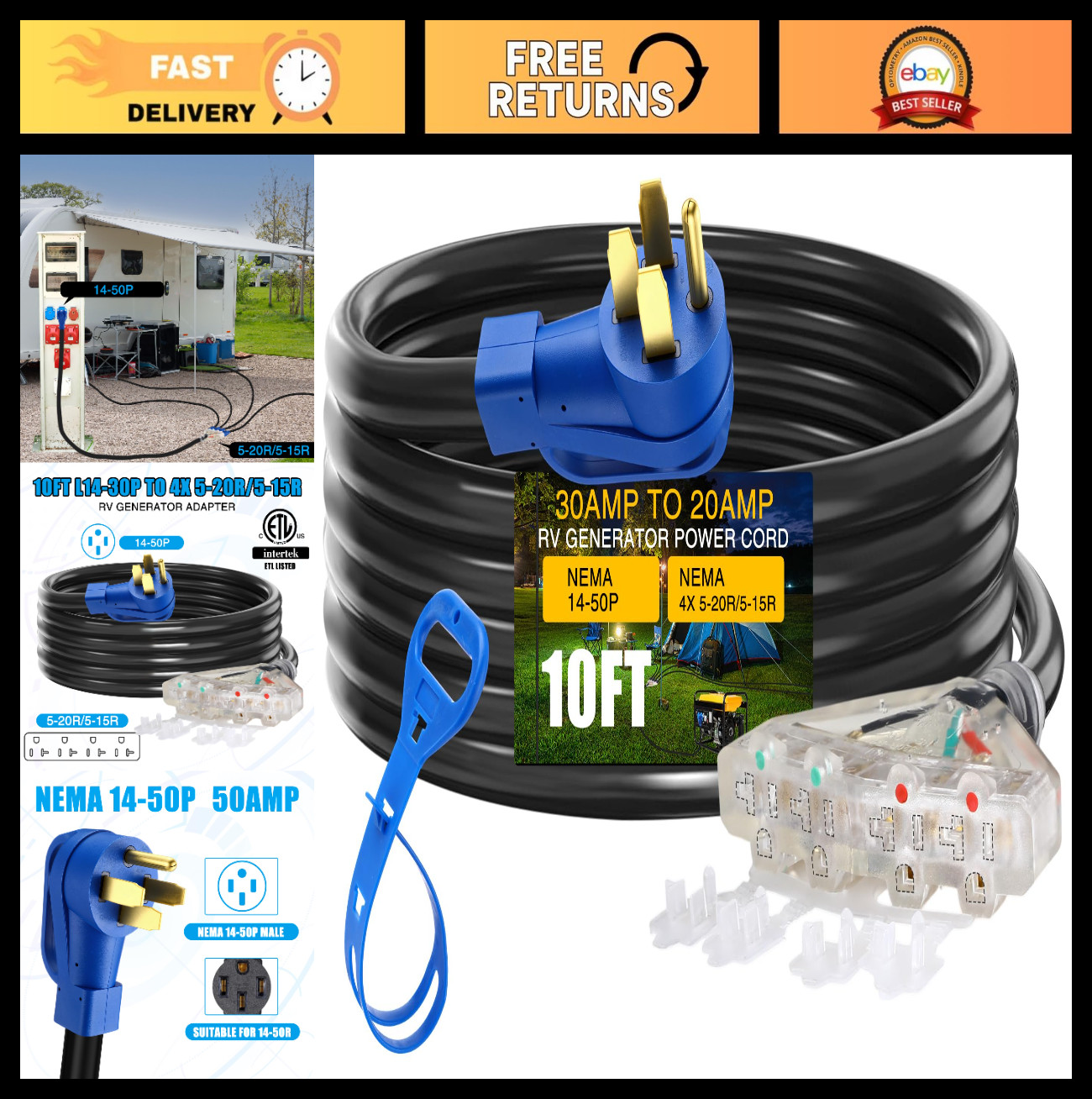 10FT 14-50P to 4x 5-20R/5-15R RV Generator Adapter, 50A to 4X 15/20A Outlet Cord