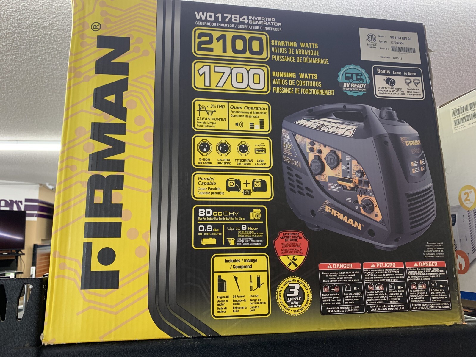 Firman W01784 Portable 1,700 Watt Gas Generator NEW