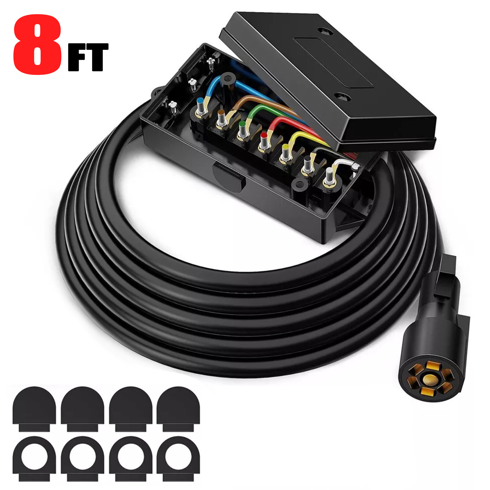 8ft Trailer Cord Heavy Duty RV 7Way Plug Inline Junction Box Wiring Harness Kit