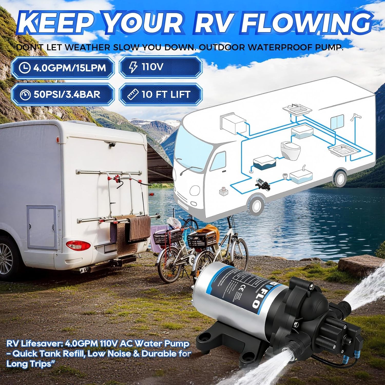 Industrial Grade 110V AC Diaphragm Water Pressure Pump, 4.0 GPM Flow & 50 PSI