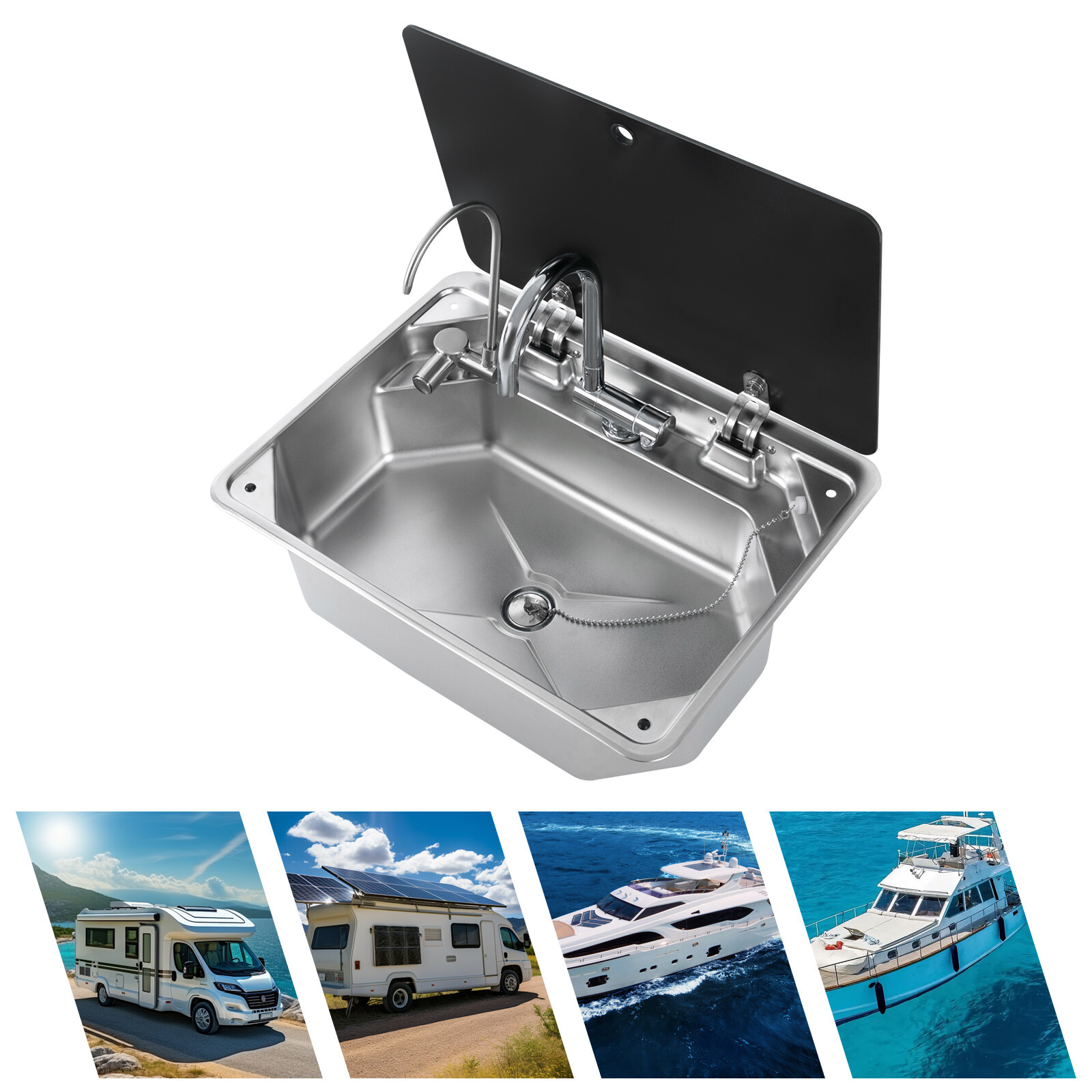 RV Sink Kitchen Sink with Hot&Cold Faucet and Tempered Glass Lid Stainless Steel