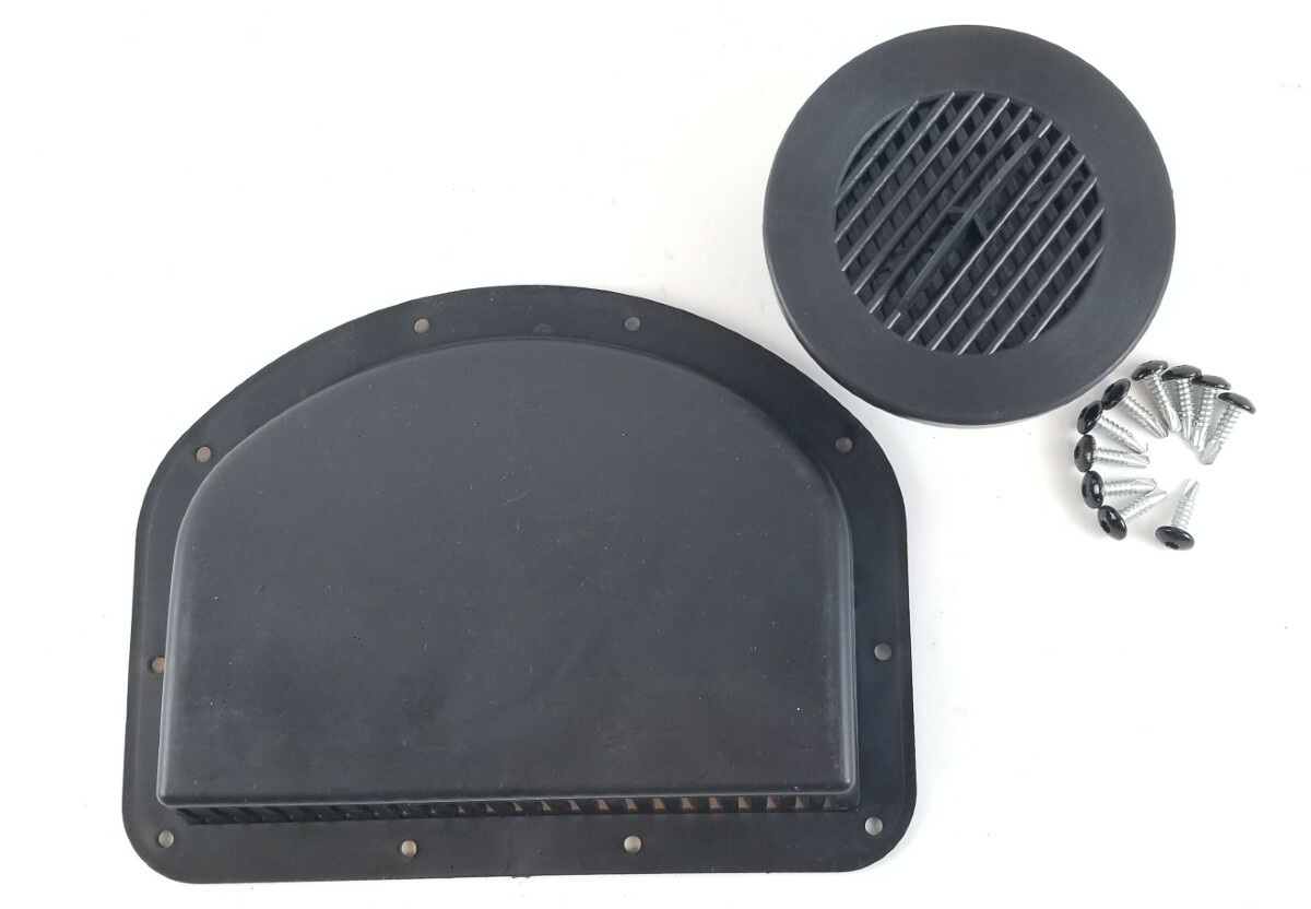Exterior Side Wall Vent Cowl with an Interior Round Grill with Hardware- Black