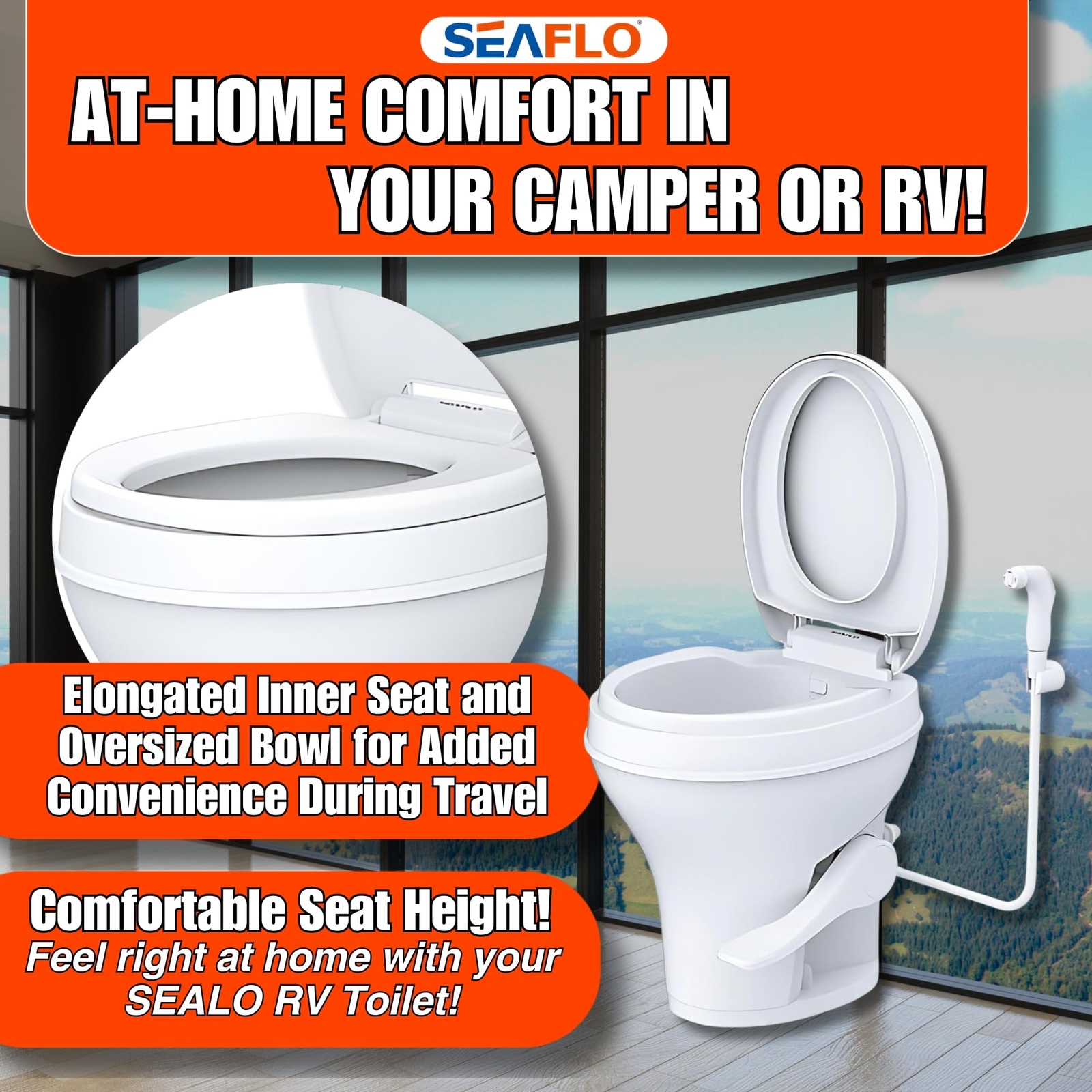 SEAFLO RV Toilet 18.5″ Standard Height Foot Pedal Soft Close 4-Year Warranty