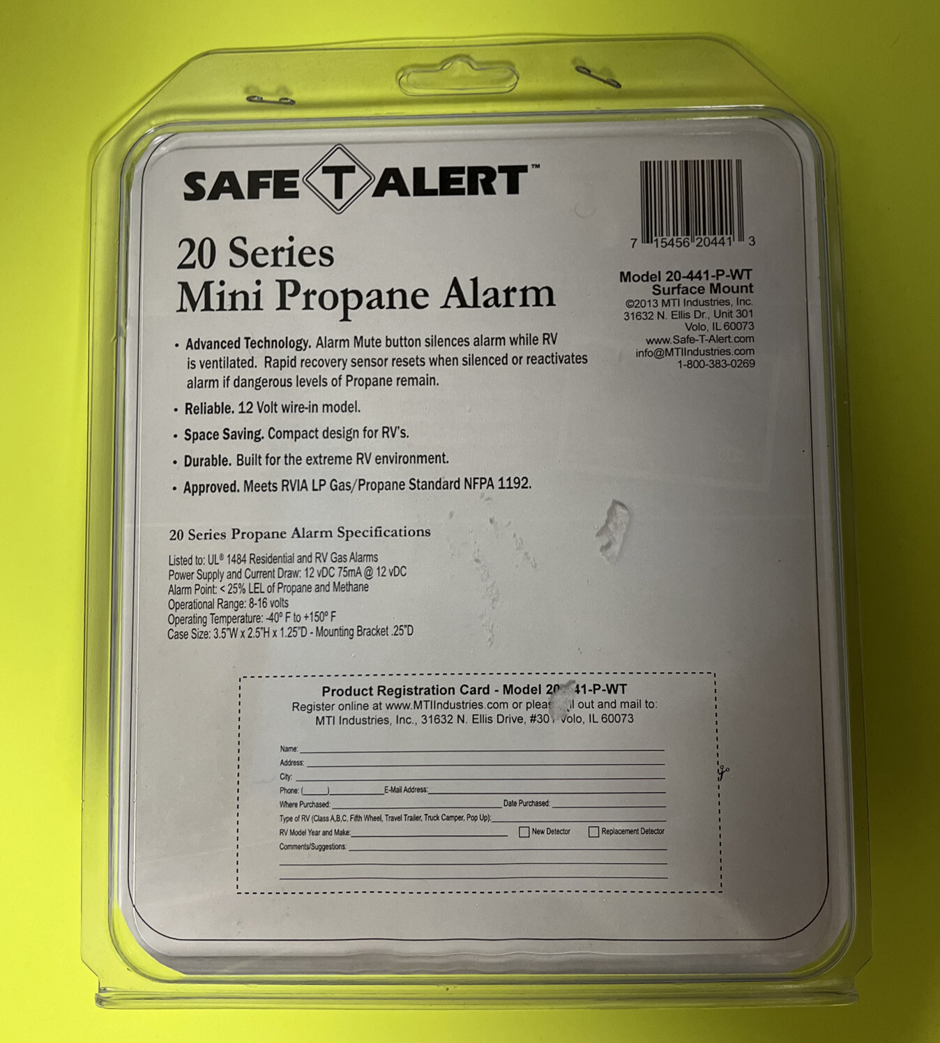 MTI 20-441-P-WT Safe-T-Alert RV Mini Propane Leak Detector Alarm; LP Gas Sniffer