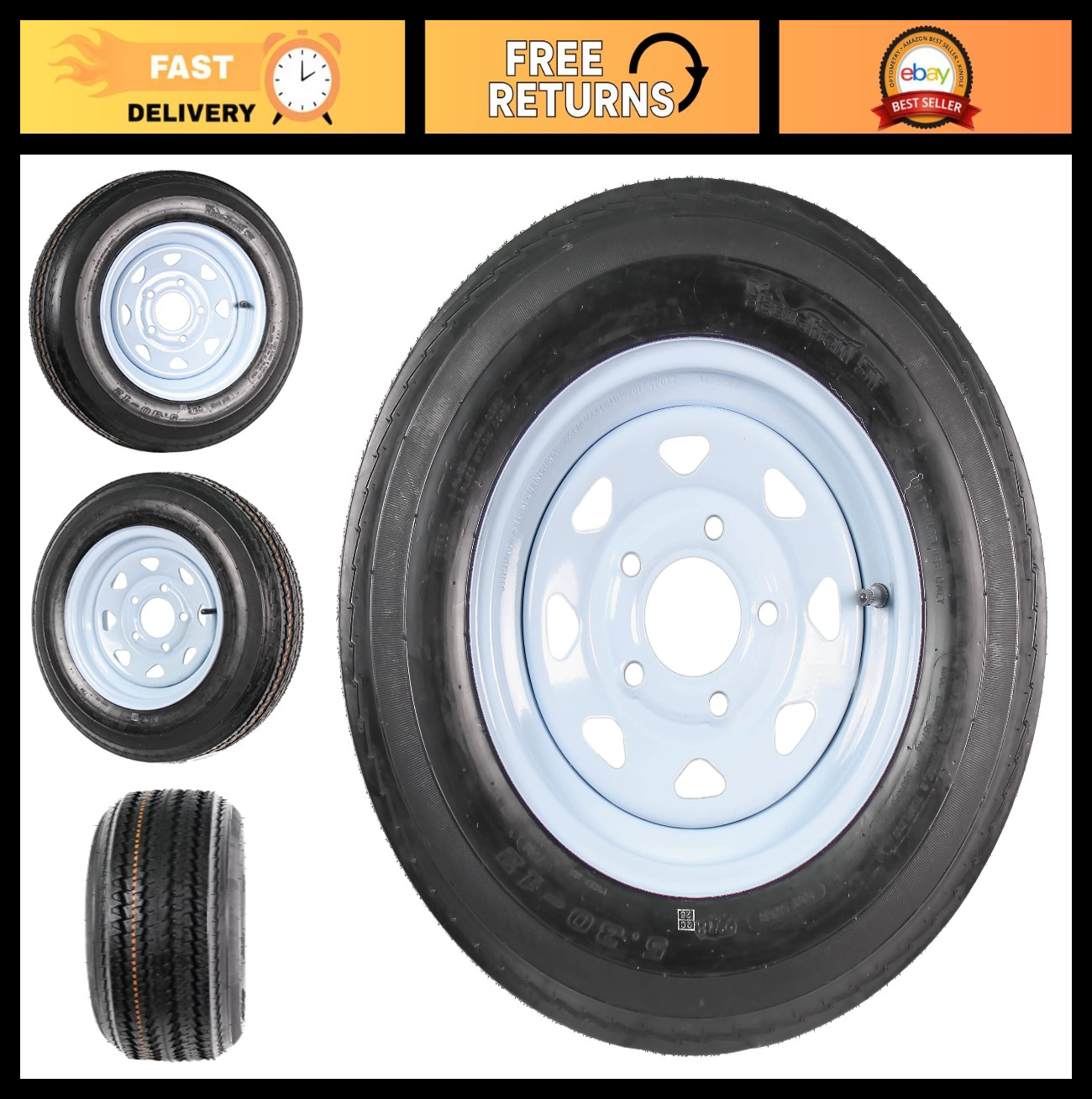12″ Trailer Tire Rim Assembly 5.30-12, 5 Lug White Wheel, 2-Year Warranty, Roads