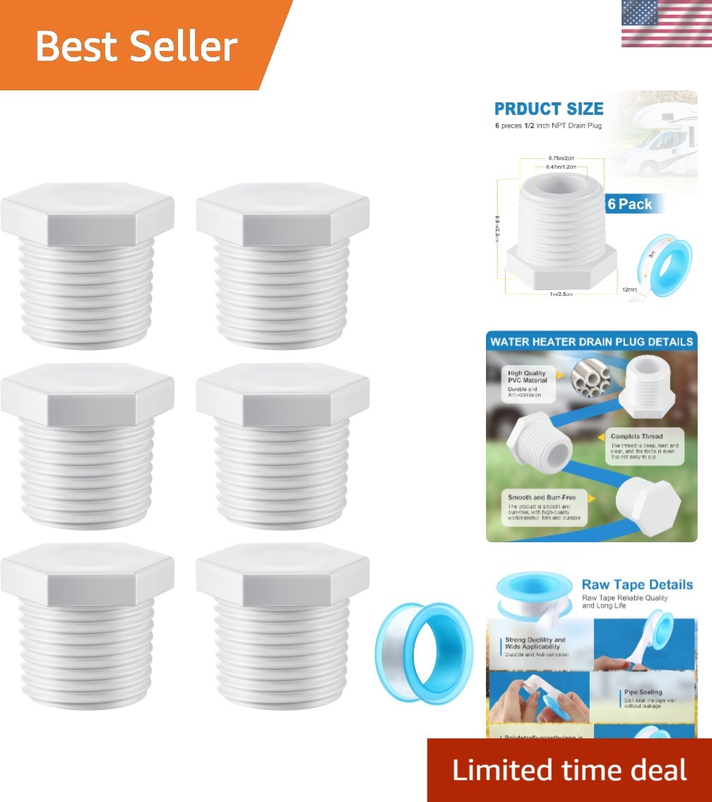 Complete 1/2 Inch NPT RV Water Heater Drain Plug Set – 6 Plugs & Tape Included