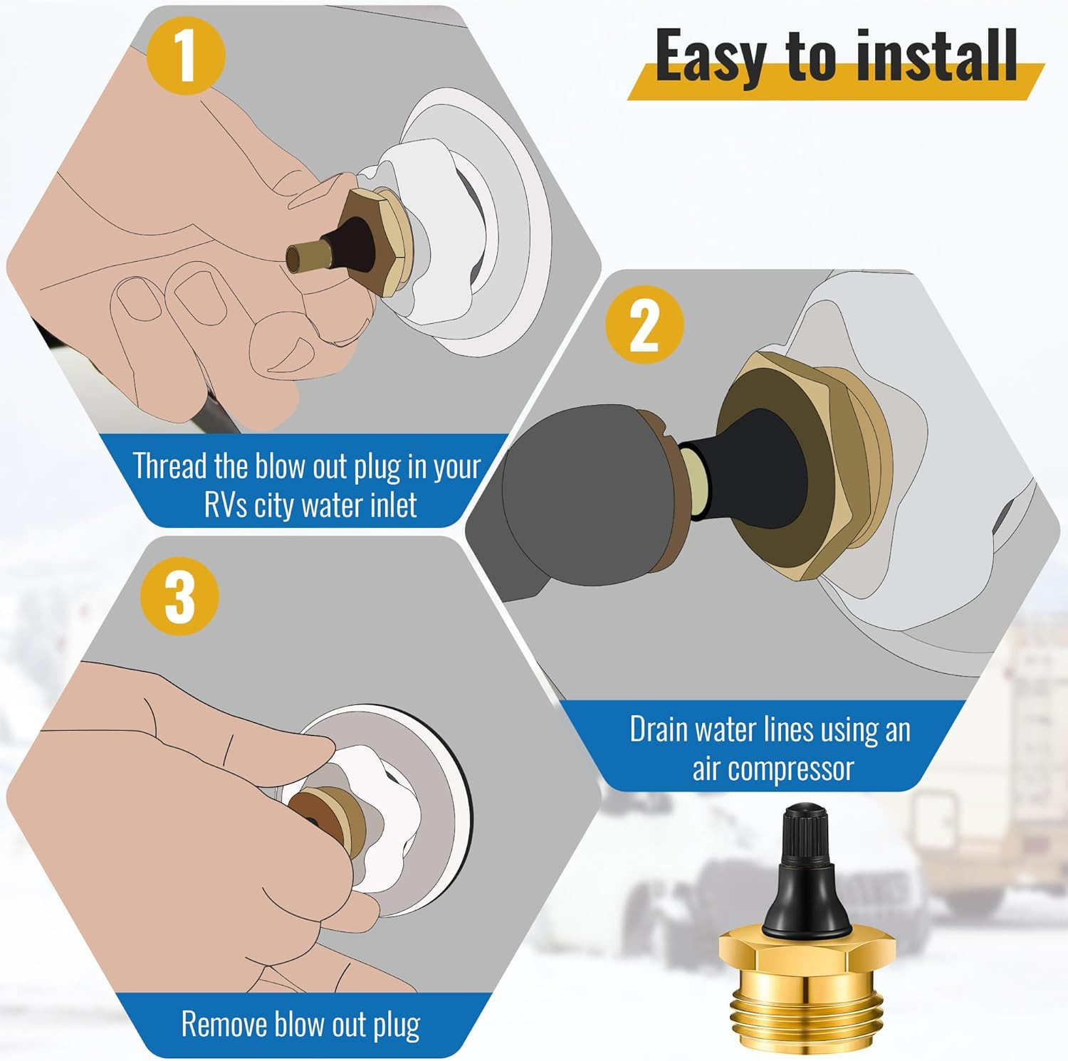RV Blow Out Plug 2 Pack Brass Winterization Adapter Water Line Air Tool
