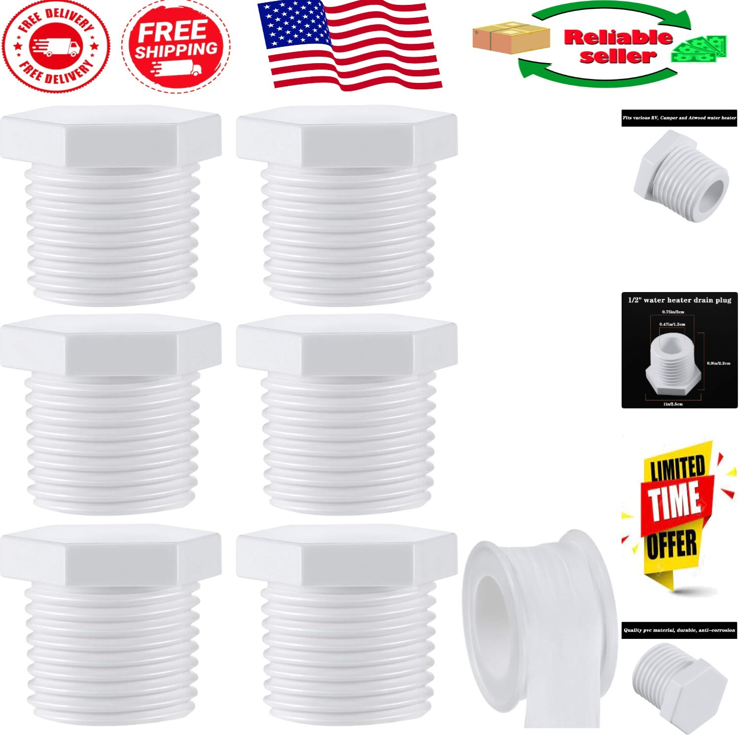 6-Pack RV Drain Plug Set with Leak-Proof Tape, Fits 1/2 Inch NPT Water Heaters