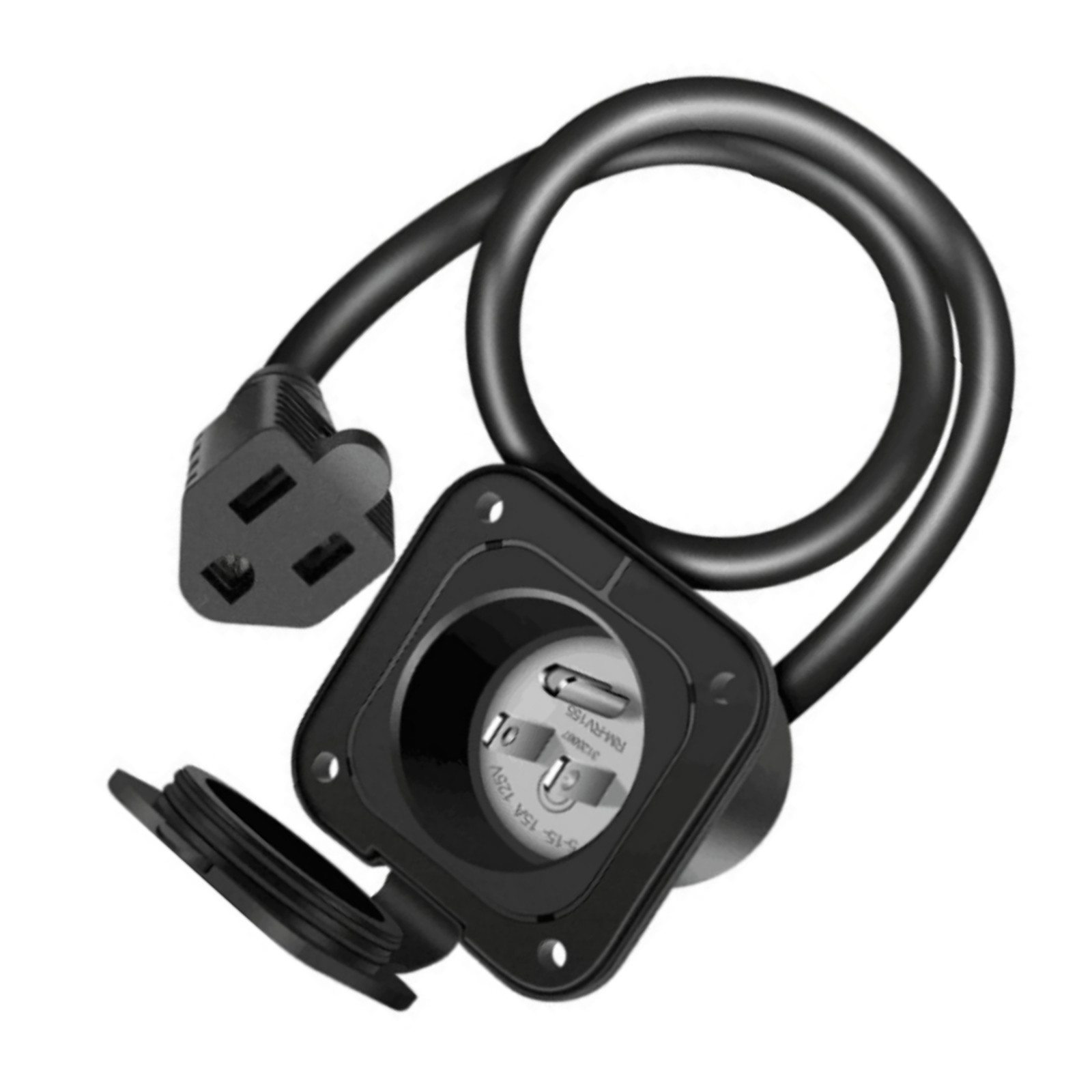 15 Amp 125V AC Power Inlet Port Plug with NEMA 5-15P To NEMA5-15R Extension Cord