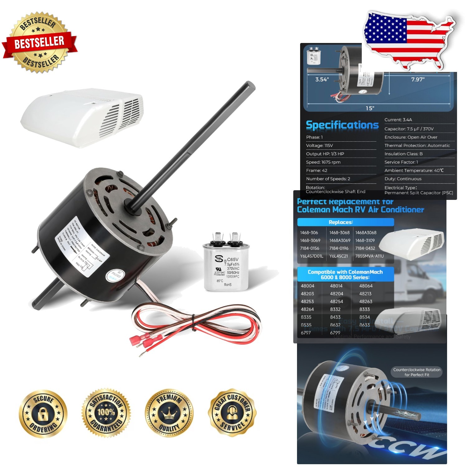 RV AC Fan Motor 1/3HP 115V 1675RPM for Coleman Mach Rooftop Units