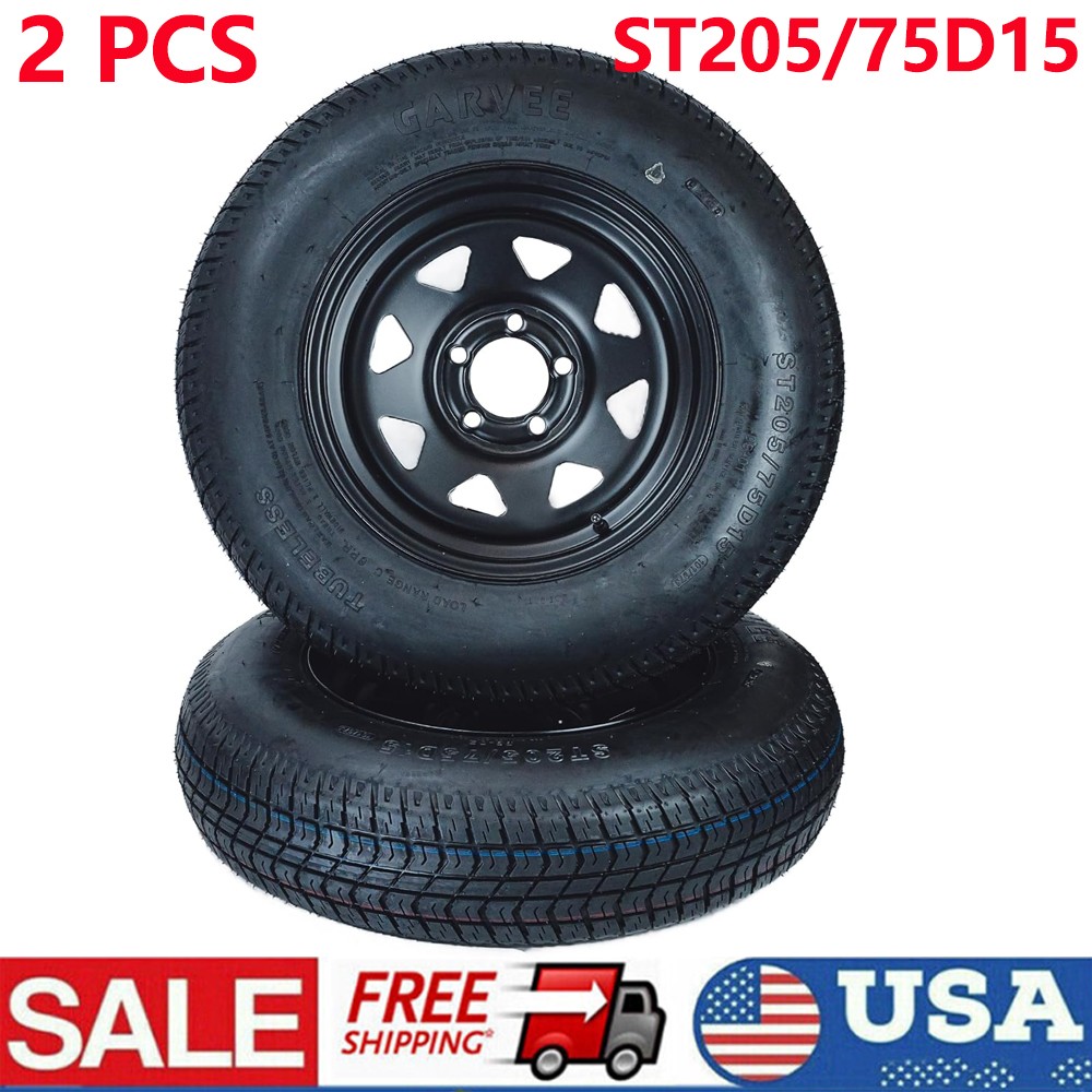 2 Pack 15″ Trailer Tires ST205/75D15 205/75 D 15 6 Ply 5 Lug on 4.5″ 205 75 15