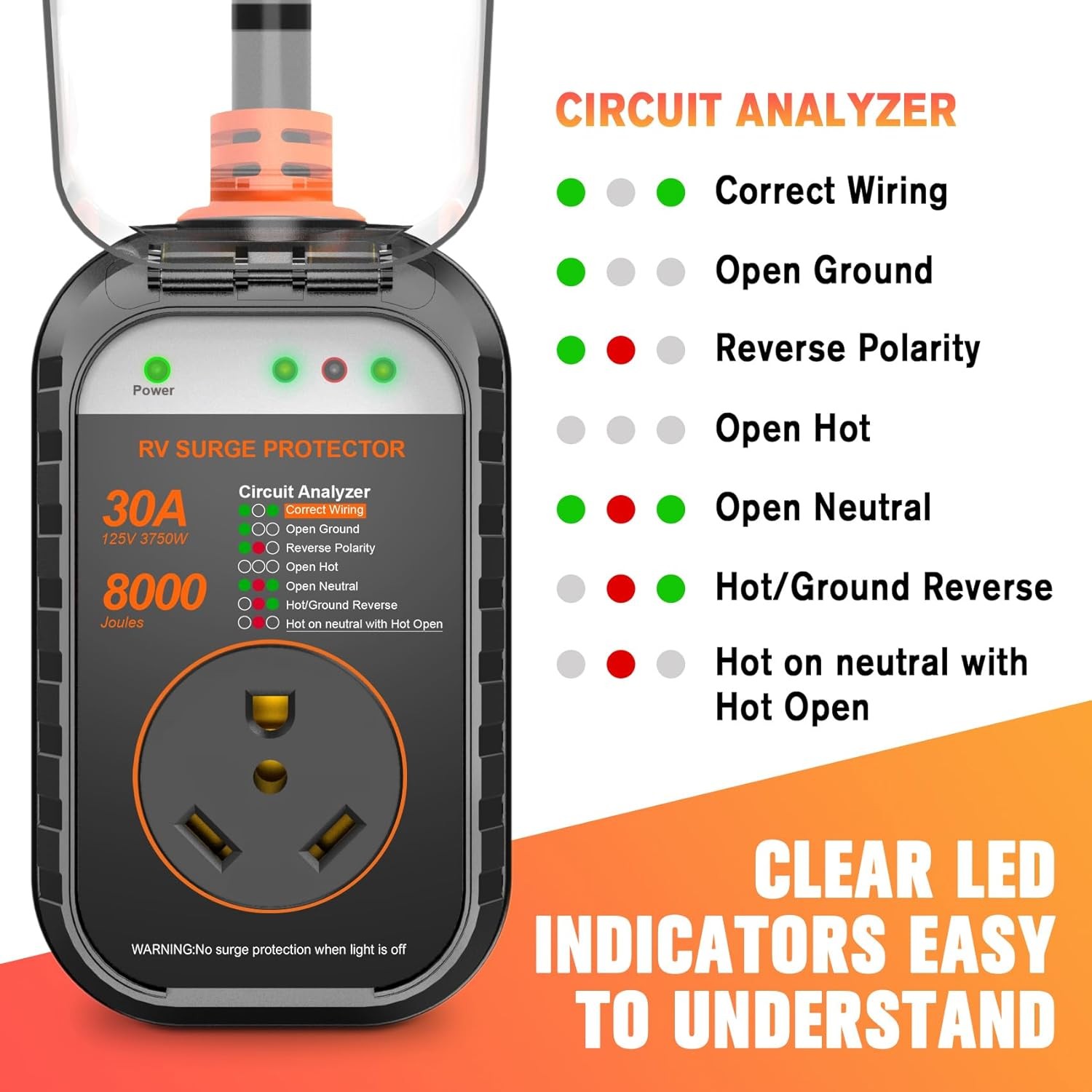 30 Amp LED RV Surge Full Protector 8000 Joule Power Adapter W/Weatherproof Cover