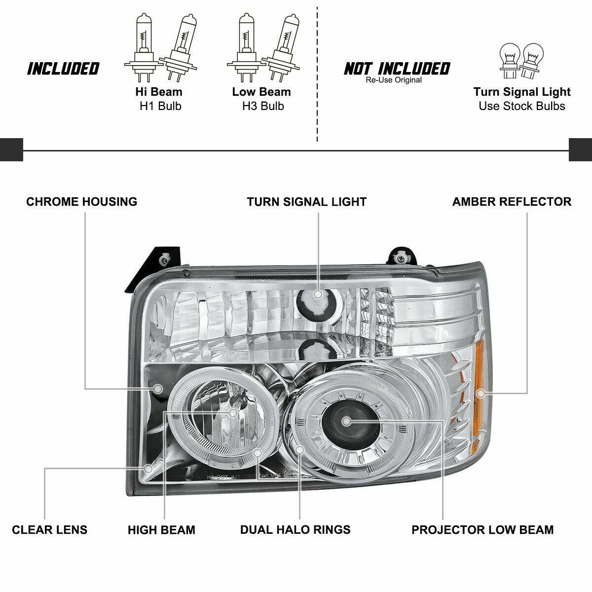 REXHALL VISION 2000 2001 2002 2003 CHROME PROJECTOR HEADLIGHTS HEAD LAMPS LED RV