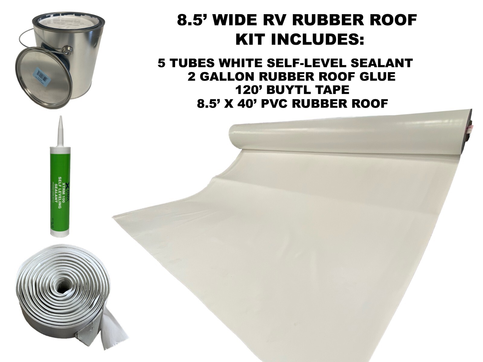 8.5′ Width x 40′ Length PVC RV Rubber Roof Installation Kit Bright White