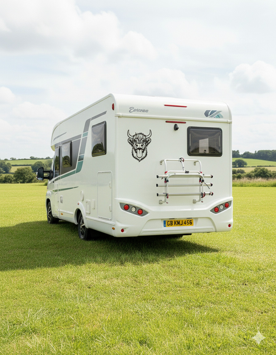 MOTORHOME CAMPER VAN CARAVAN STICKERS DECAL MOUNTAINS Funny Highland Cow small