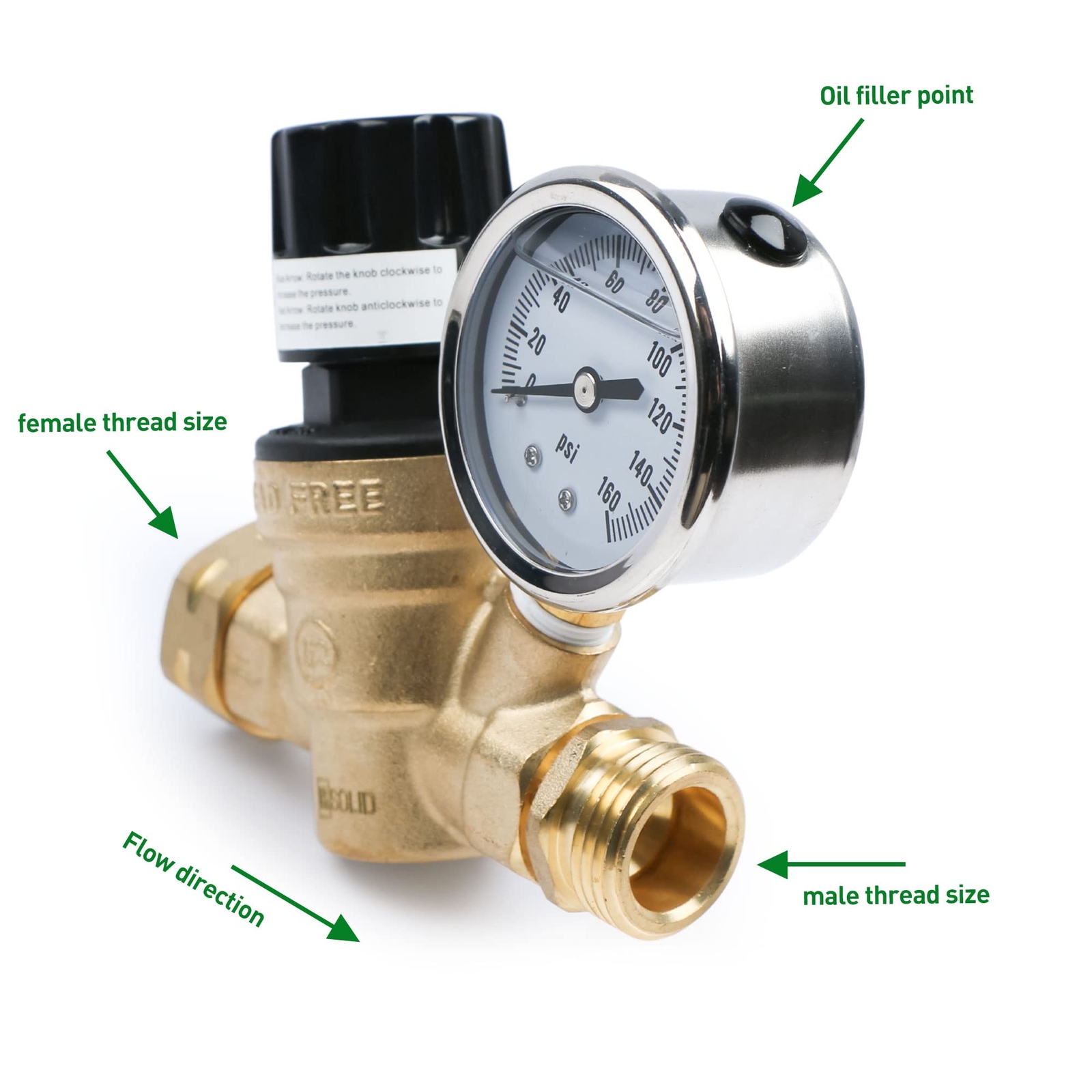 U.S. Solid RV Water Regulator Valve 3/4 inch NH Thread Brass Hand Adjustable