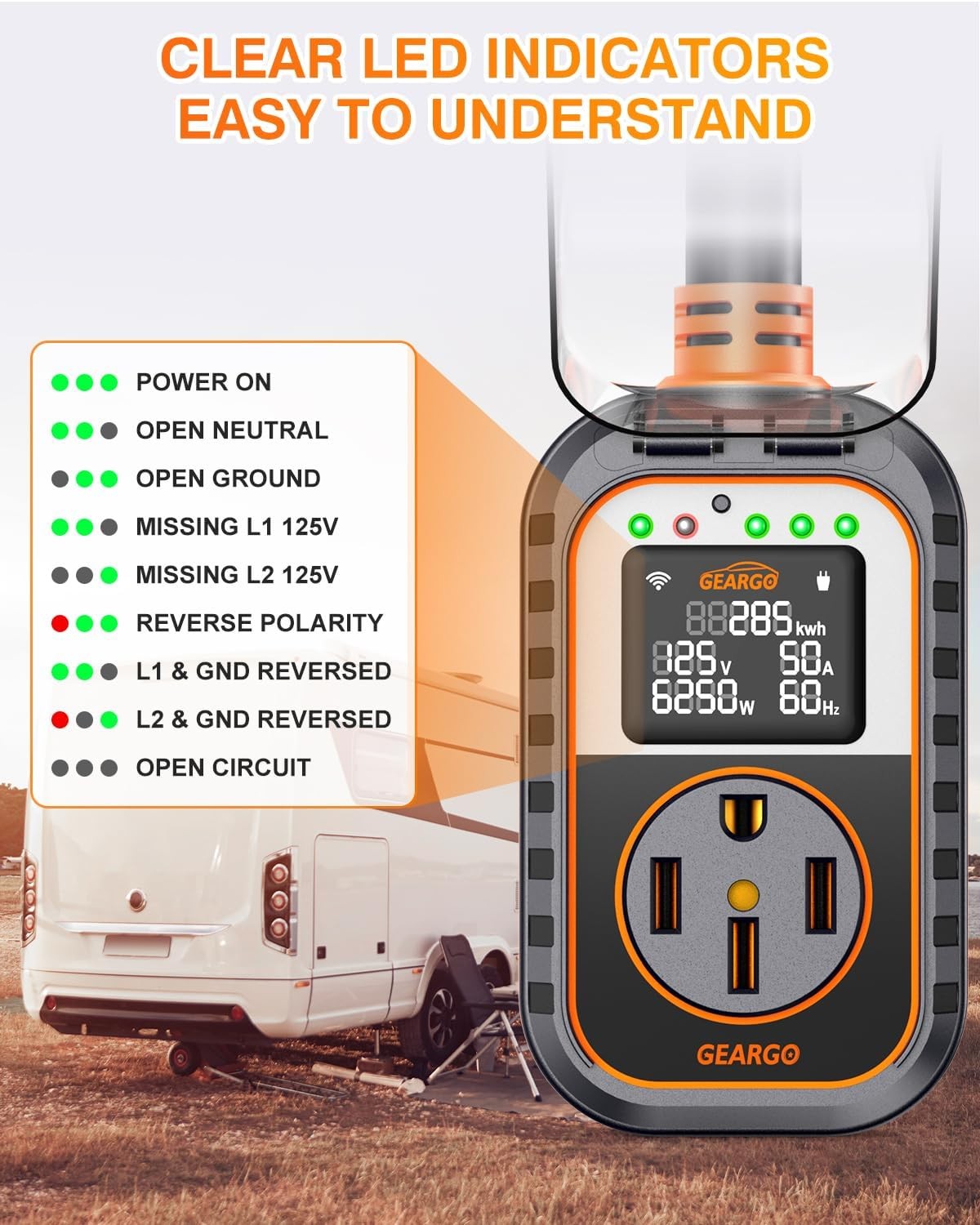 50Amp RV Circuit Analyzer Surge Protector W/App Control LED 18000J Power Adapter